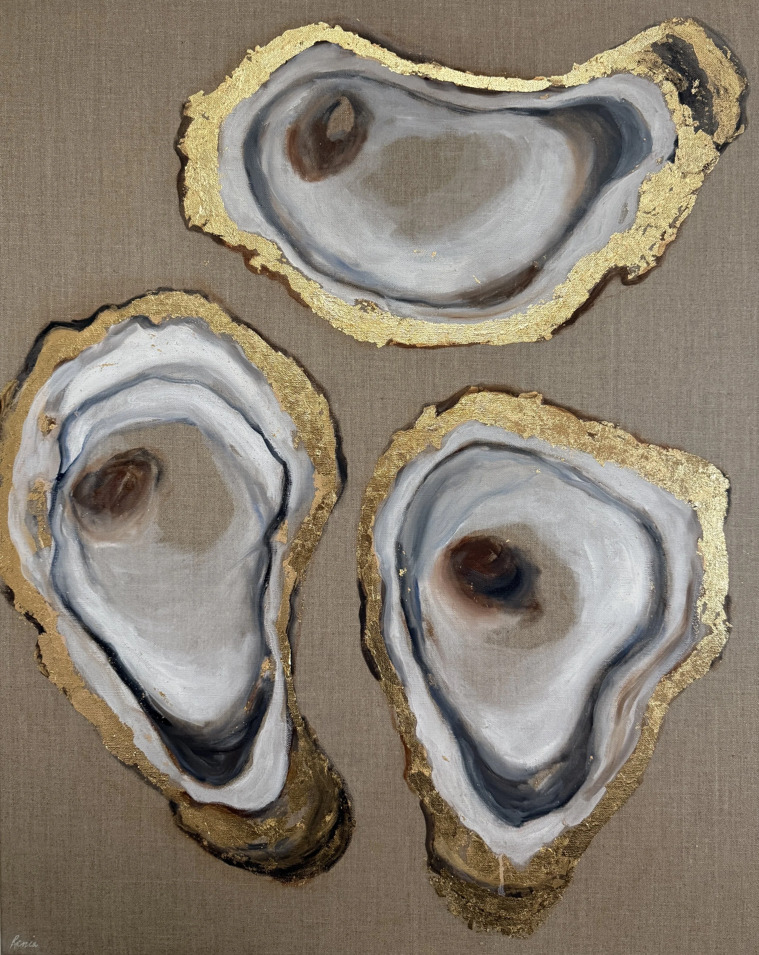 A painting of four oyster shells with gray, white, and brown hues, outlined in black and gold, on a beige textured background.