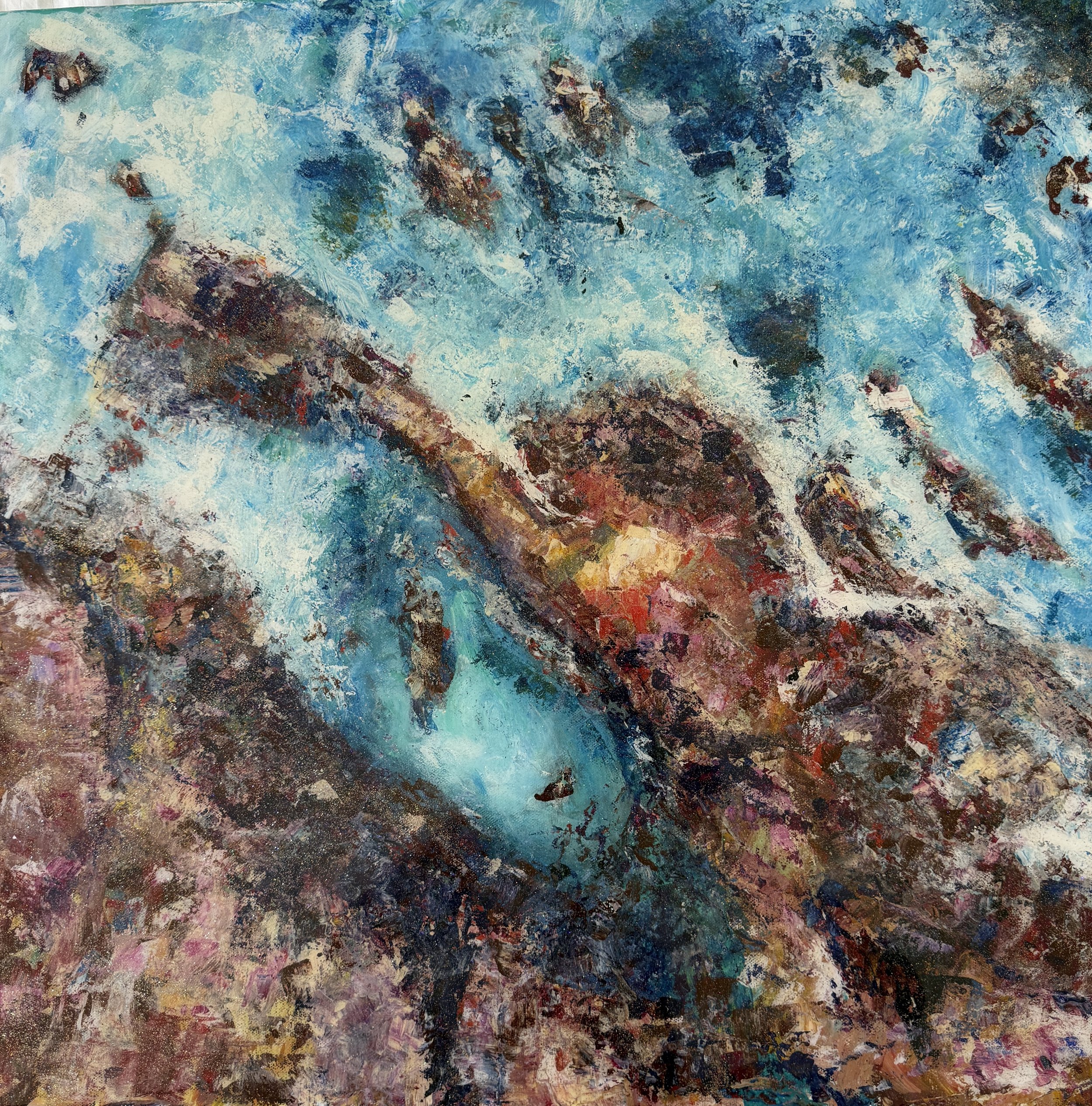 Abstract painting with vibrant colors and textured brushstrokes, primarily in shades of blue, with sections of brown, red, purple, and hints of yellow and pink.