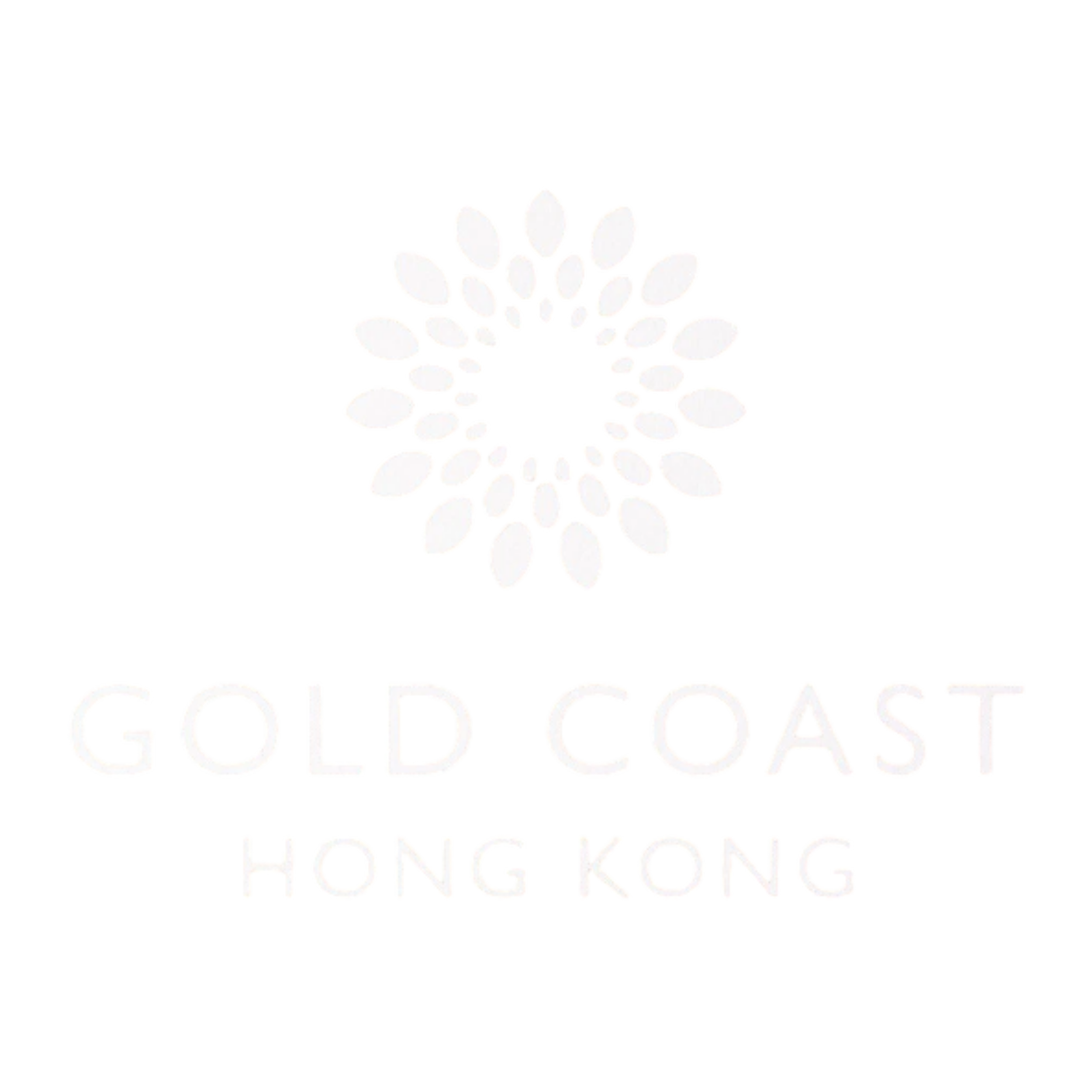Logo with a circular floral design made of white pods above the text 'GOLD COAST HONG KONG' in white capital letters, set against a black background.