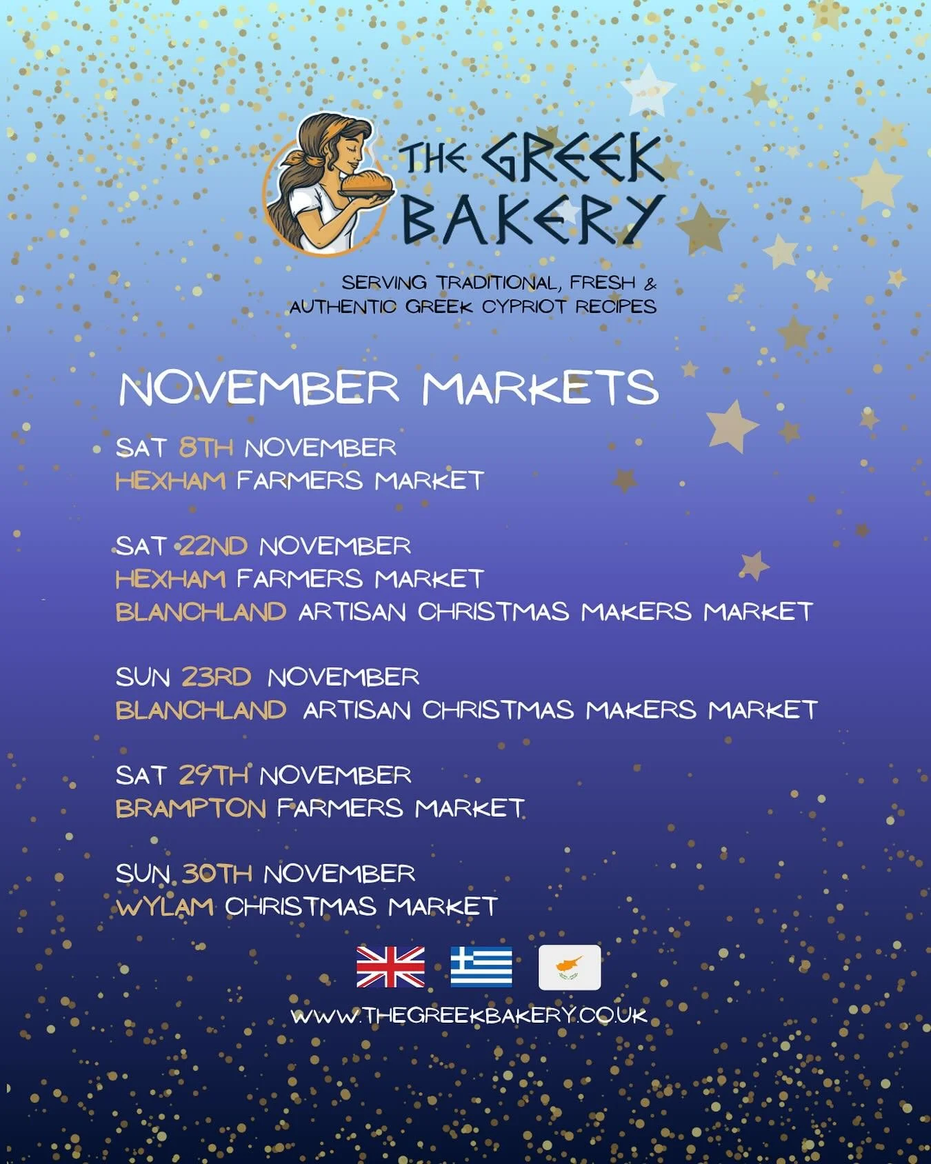 Looking forward to seeing all our regular, old and new customers at markets in November. 

#thegreekbakeryuk #greek #cypriot #bakery #fresh #authentic #recipes #homebaked #market #markets #stalls #traders #family #christmasmarkets #northumberland #uk