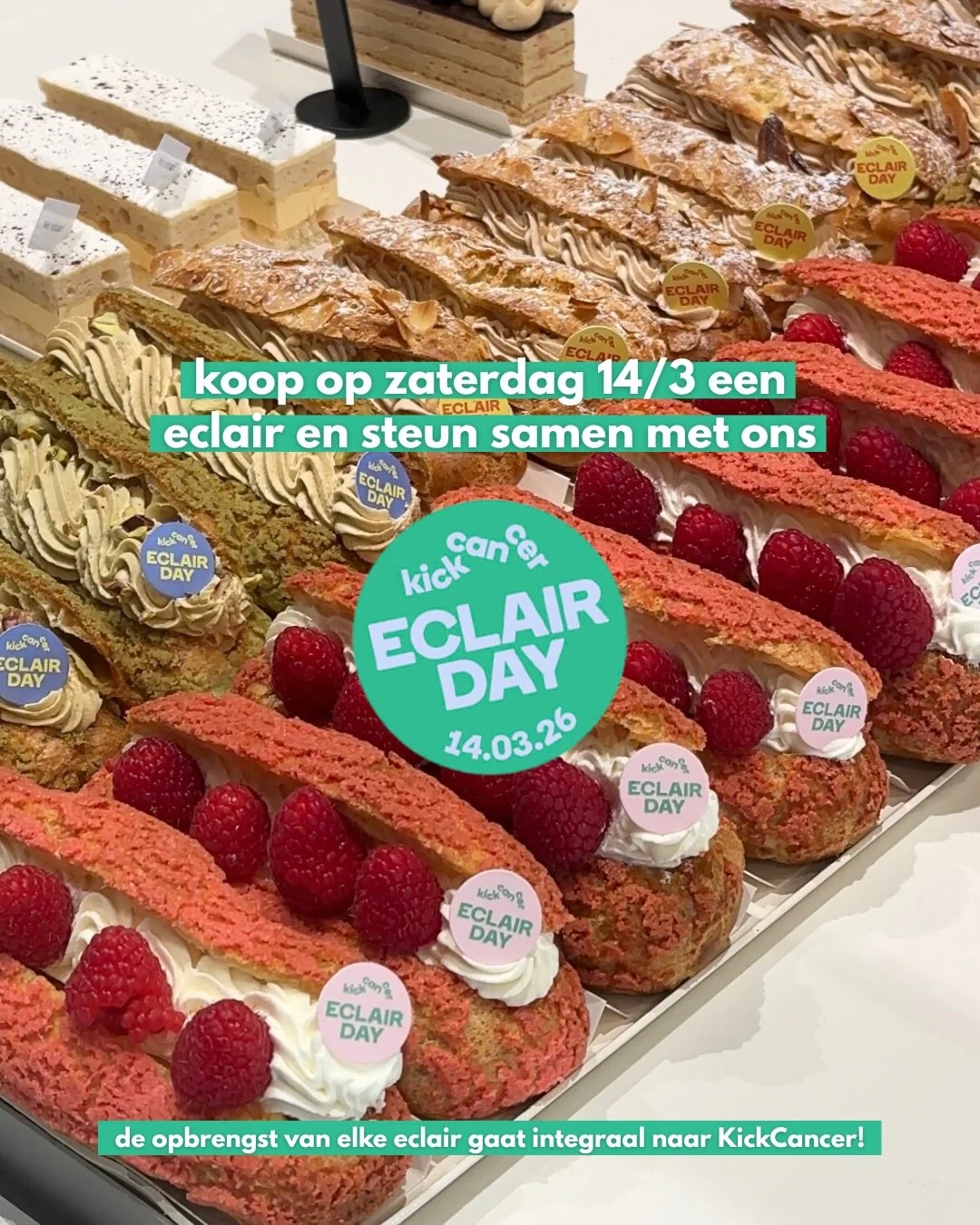 Kom jij zaterdag ook proeven van onze eclairs? De volledige opbrengst wordt geschonken aan @kickcancerbelgium en draagt bij aan het onderzoek naar kanker bij kinderen. Steunen jullie mee? 💙