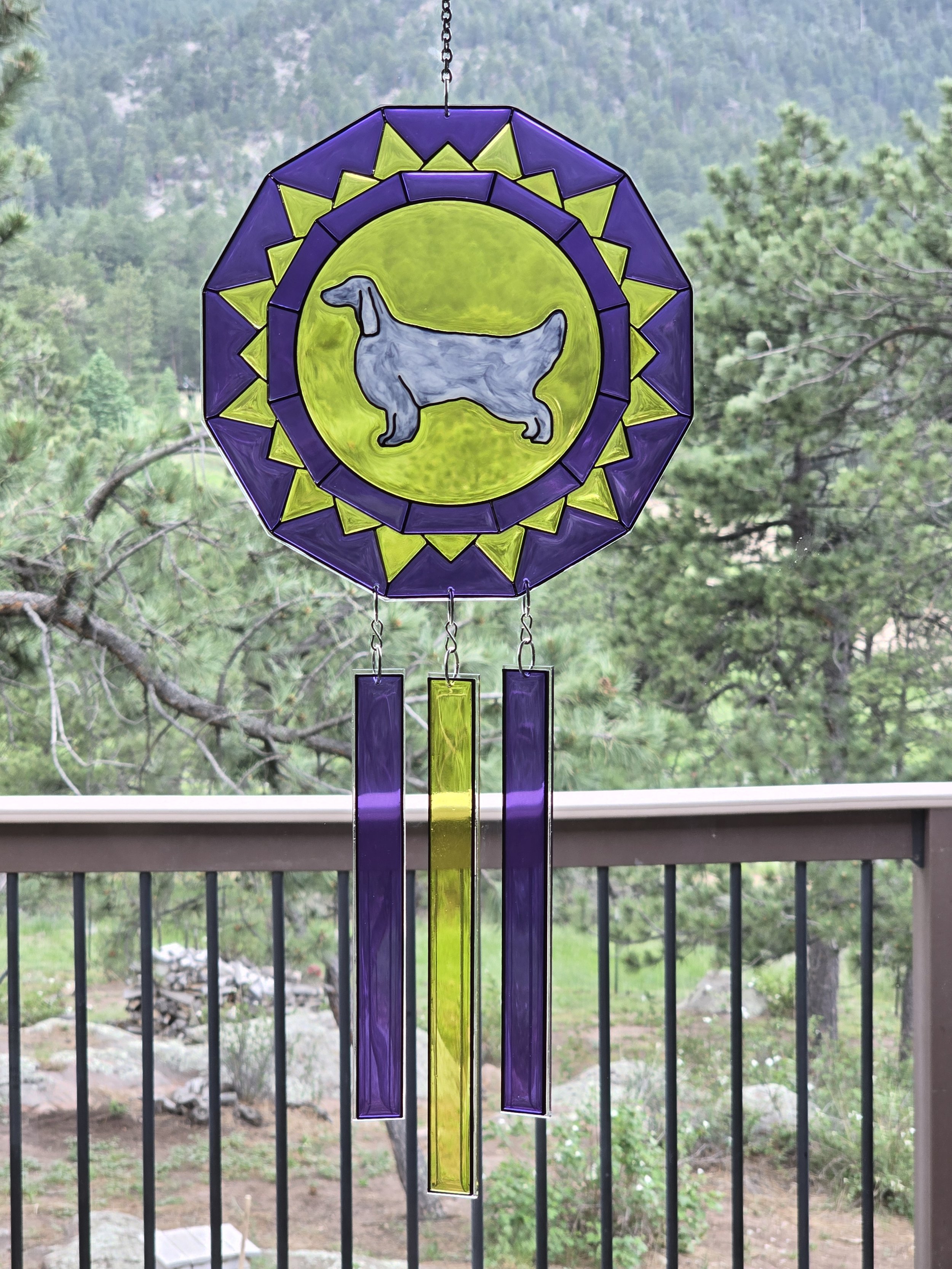 Purple and yellow resin rosette suncatcher with an English Setter silhouette and three resin ribbons