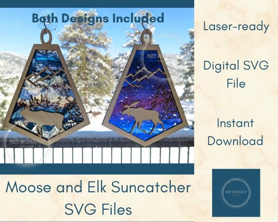 Moose and Elk Suncatcher Laser Cut SVG Download, Mountain Suncatcher, Hanging Ornament, Car Charm, Wall Art Laser Cut File