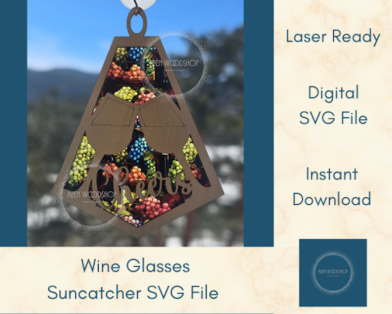 Wine Glasses Suncatcher SVG File Digital Download, Hanging Ornament, Car Charm, Wall Art Laser Cut Sun Catcher, Celebration Gift, New Home