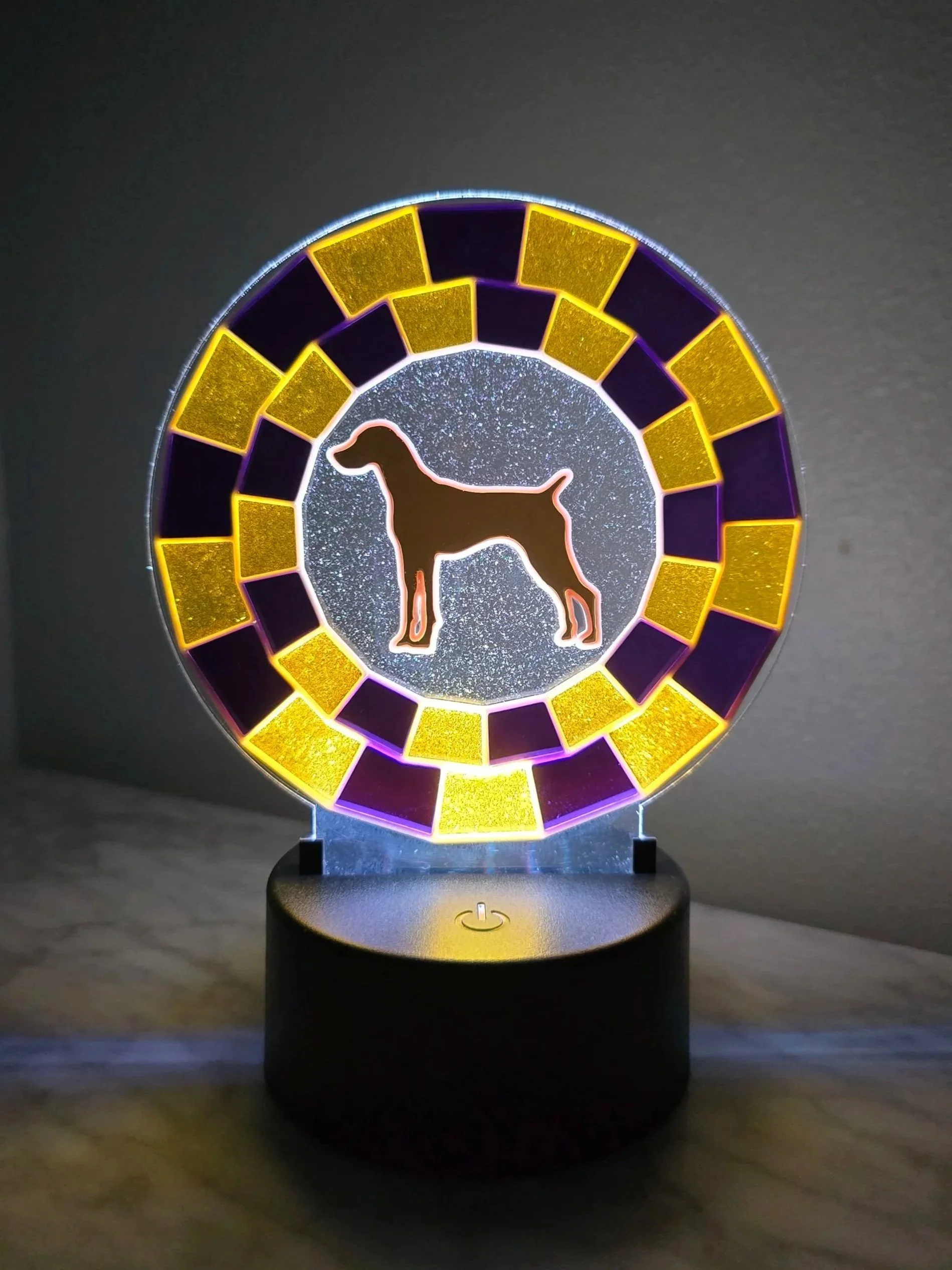 Illuminated rosette on a color changing LED base, purple and gold with a German Shorthaired Pointer