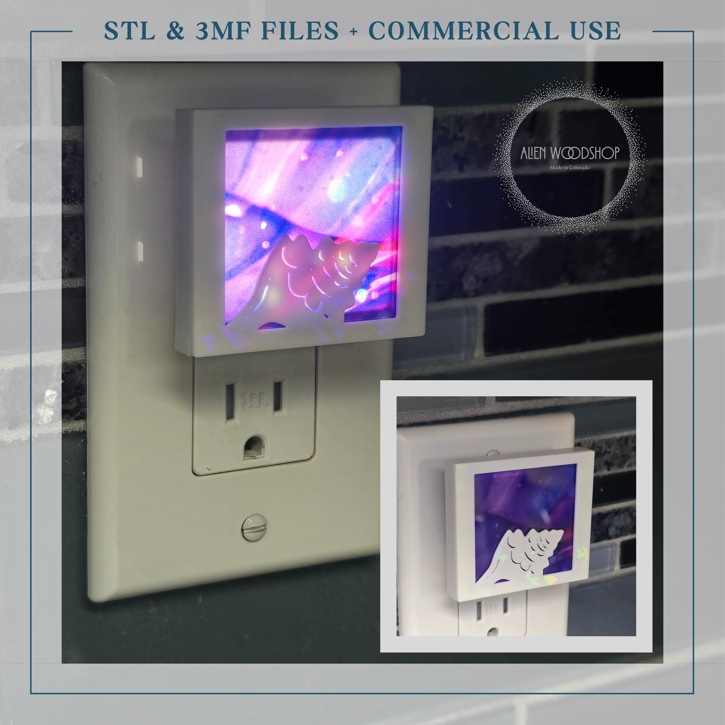Close-up of a wall-mounted electrical outlet with a decorative holographic sticker depicting a white feather. The sticker has holographic accents and is placed next to a white plastic switch plate. The background includes black and white horizontal striped wall tiles.