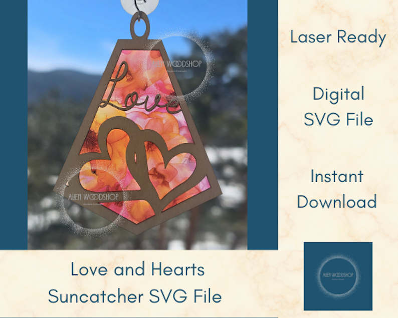 Love & Hearts Duo Suncatcher SVG File Digital Download, Hanging Ornament, Car Charm, Wall Art Laser Cut Sun Catcher, Valentine's Day Gift