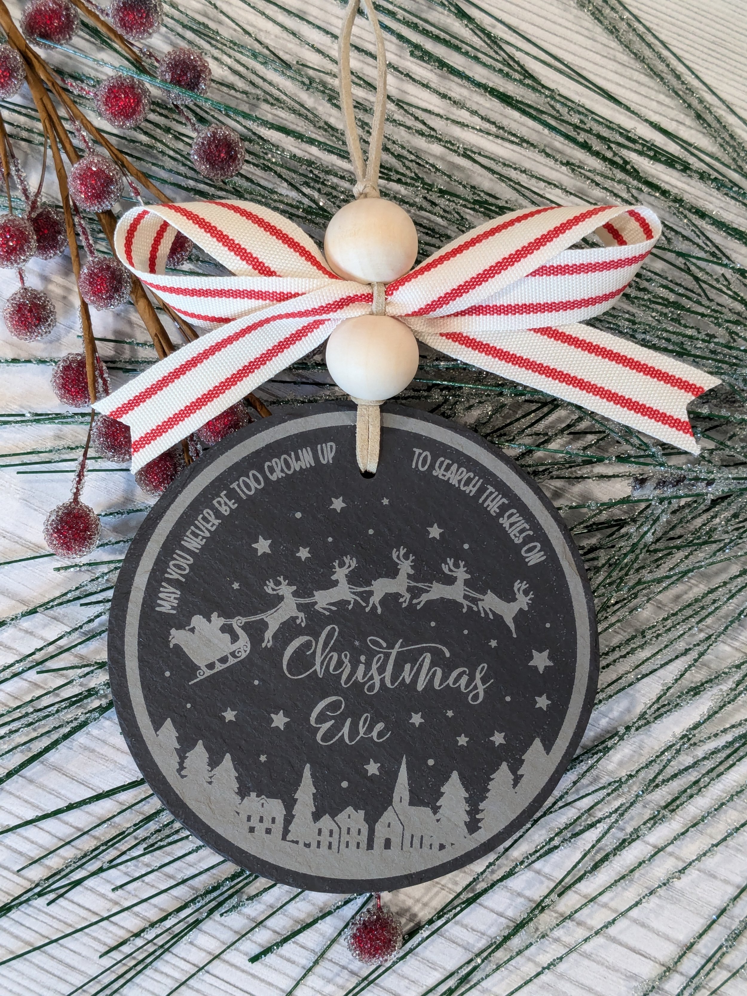 Santa Flying Over Town Slate Ornament | "May You Never Be Too Grown Up to Search the Skies" Engraved Decor