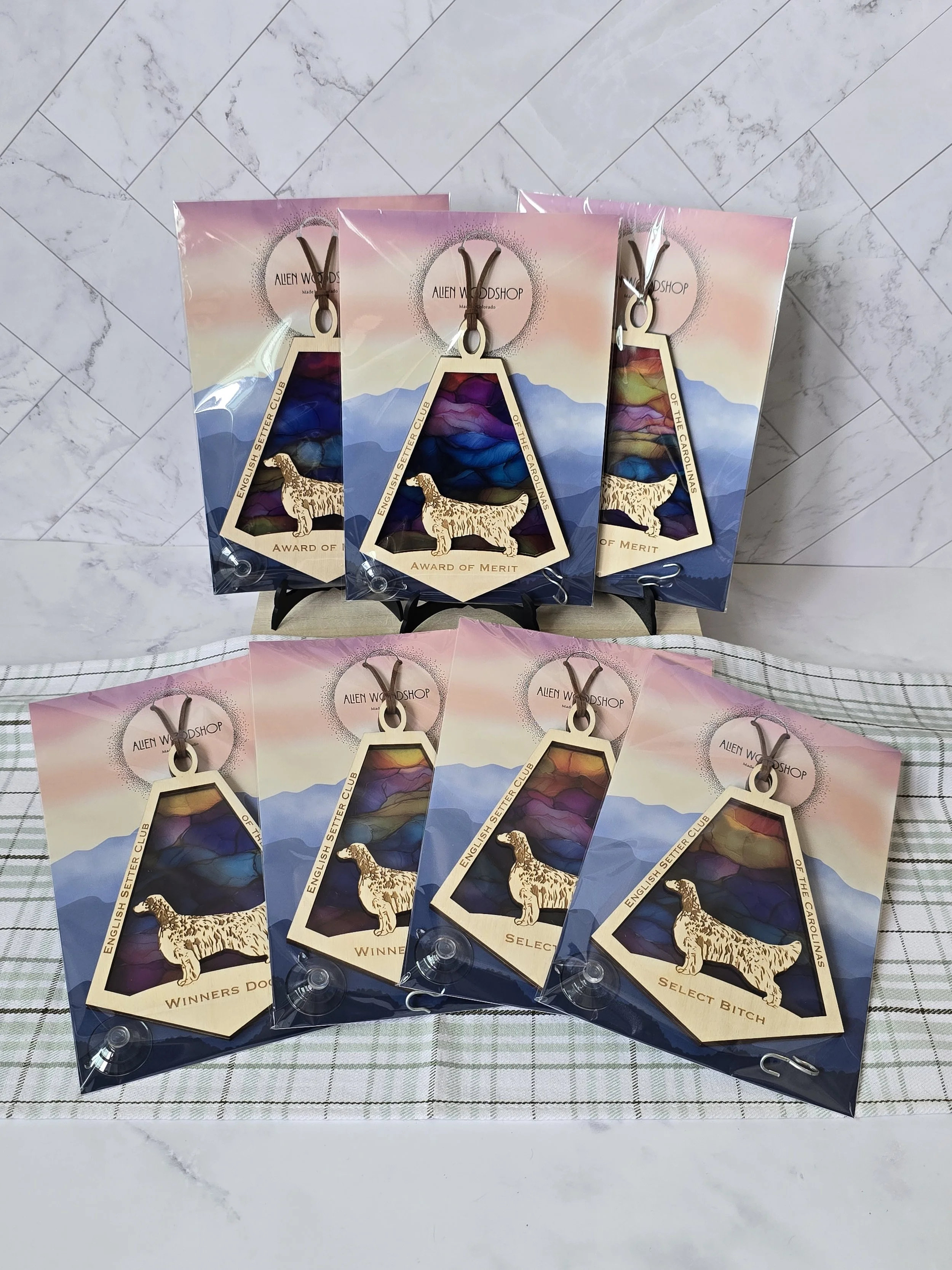 Seven packaged English Setter acrylic suncatchers with placements, English Setter Club of the Carolinas