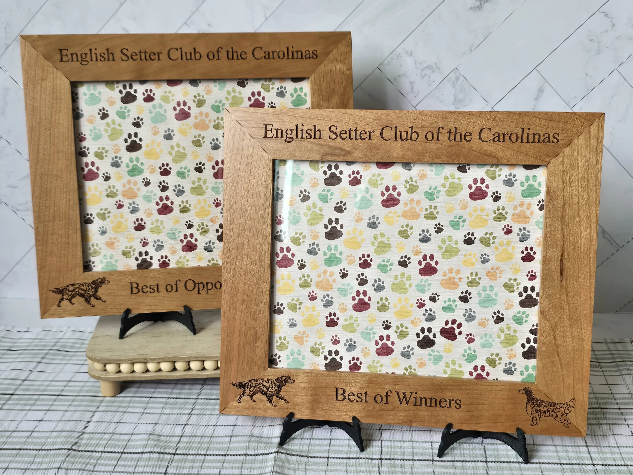 Two cherry frames engraved English Setter Club of the Carolinas, Best of Winners and Best of Opposite Sex