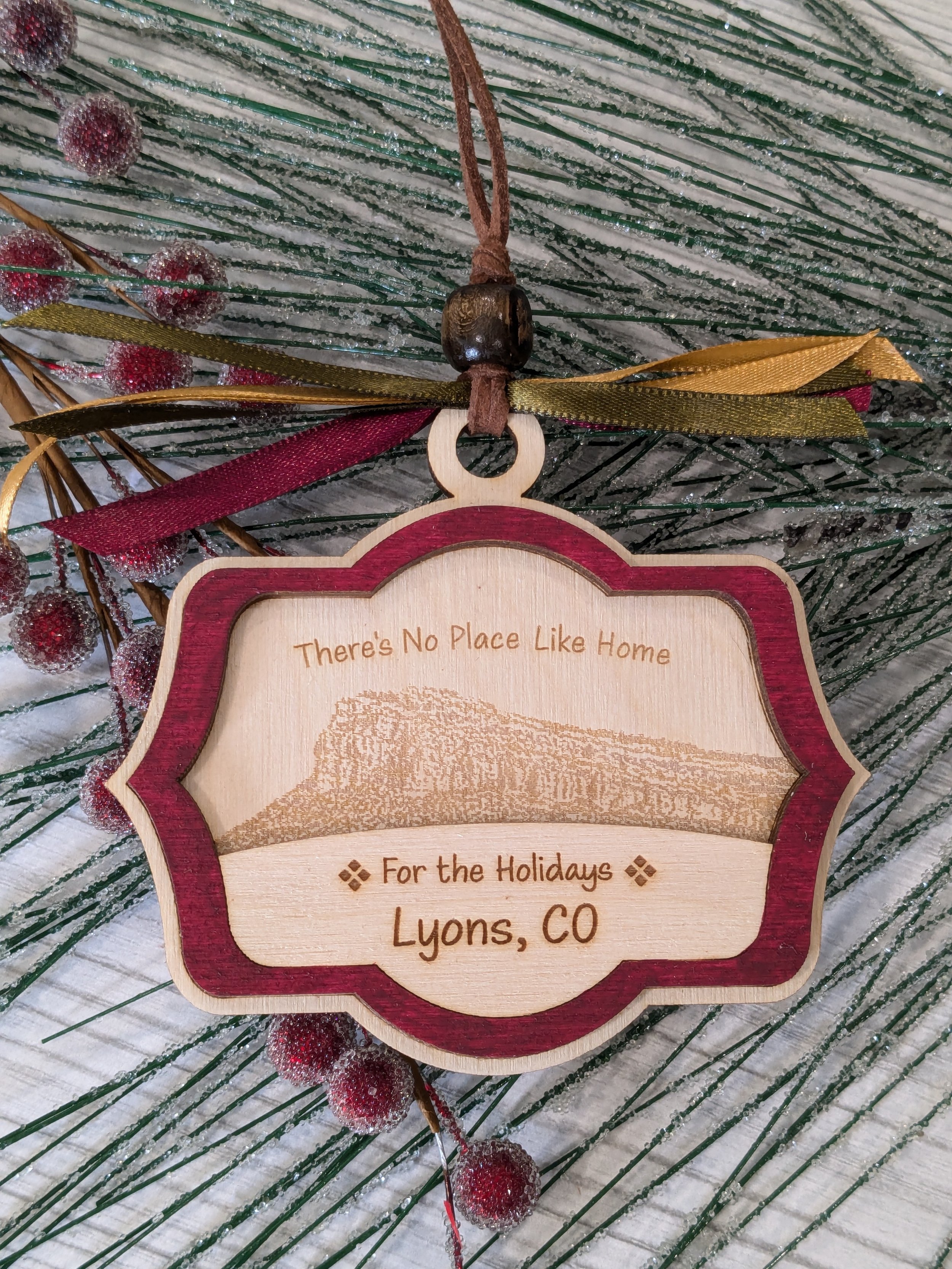 Steamboat Mountain Ornament | "There's No Place Like Home for the Holidays" | Lyons, CO | Engraved Wooden Christmas Decor