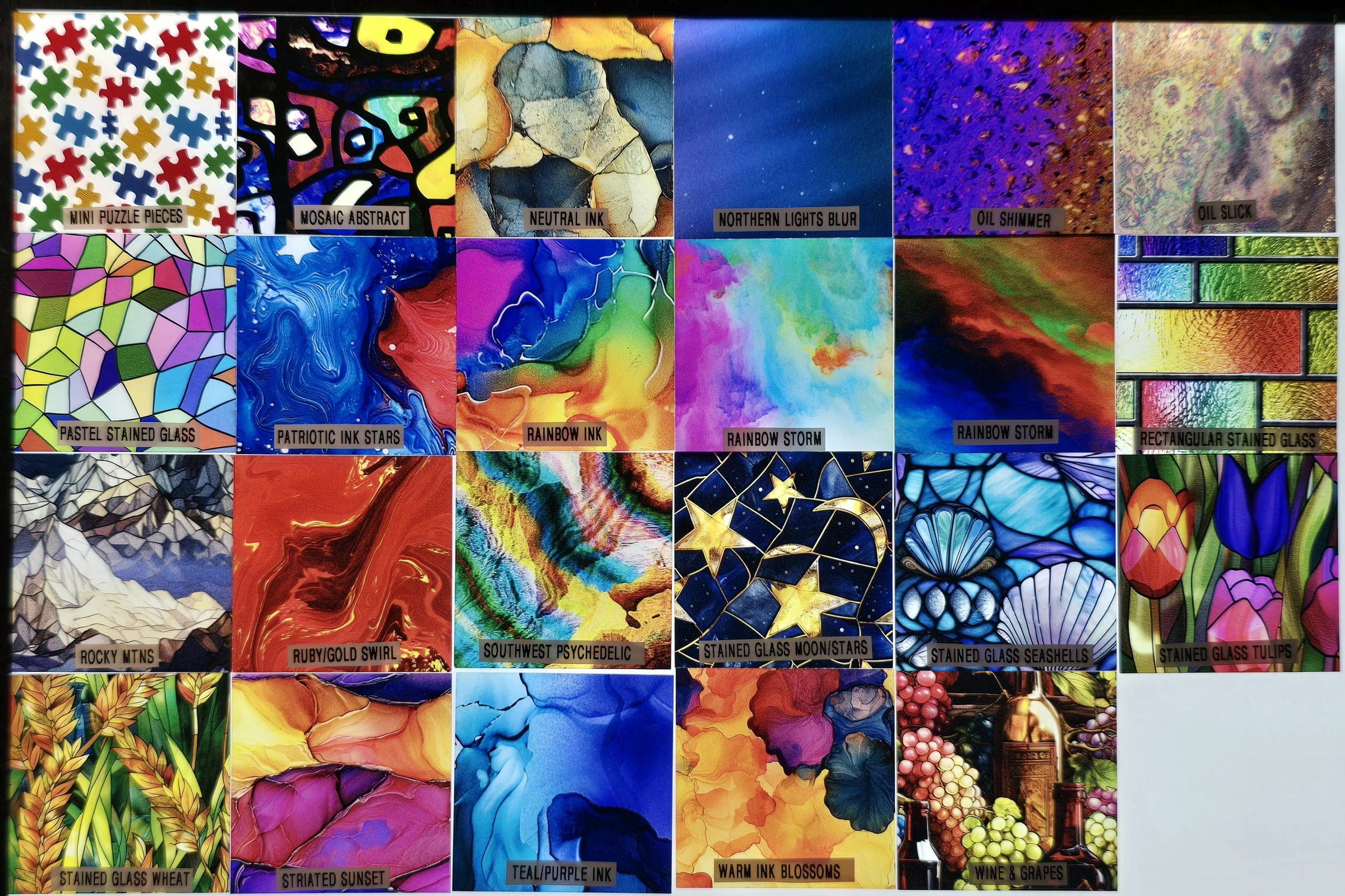 Acrylic pattern chart for nightlights with named options like Rainbow Ink, Rocky Mtns and Tulips