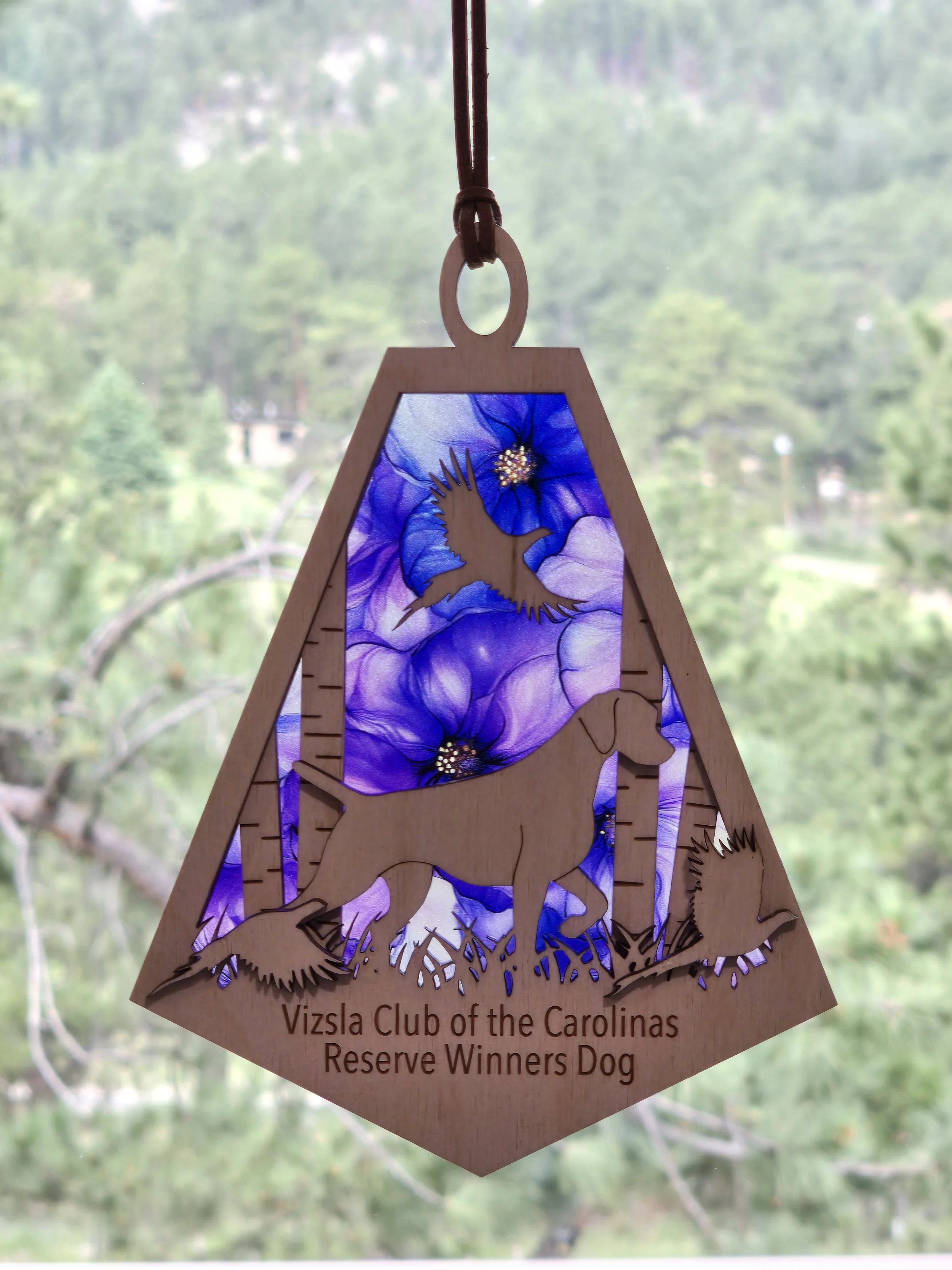 Acrylic suncatcher engraved Vizsla Club of the Carolinas Reserve Winners Dog on blue patterned acrylic