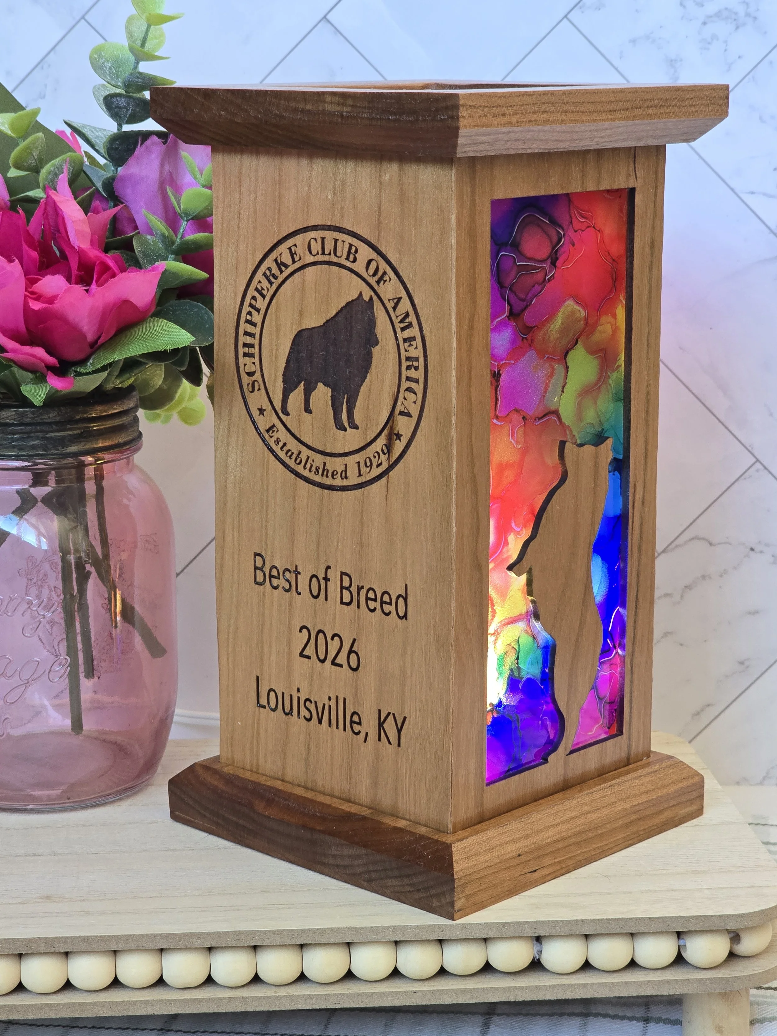 Wood lantern engraved Schipperke Club of America Best of Breed 2026 Louisville KY, rainbow acrylic