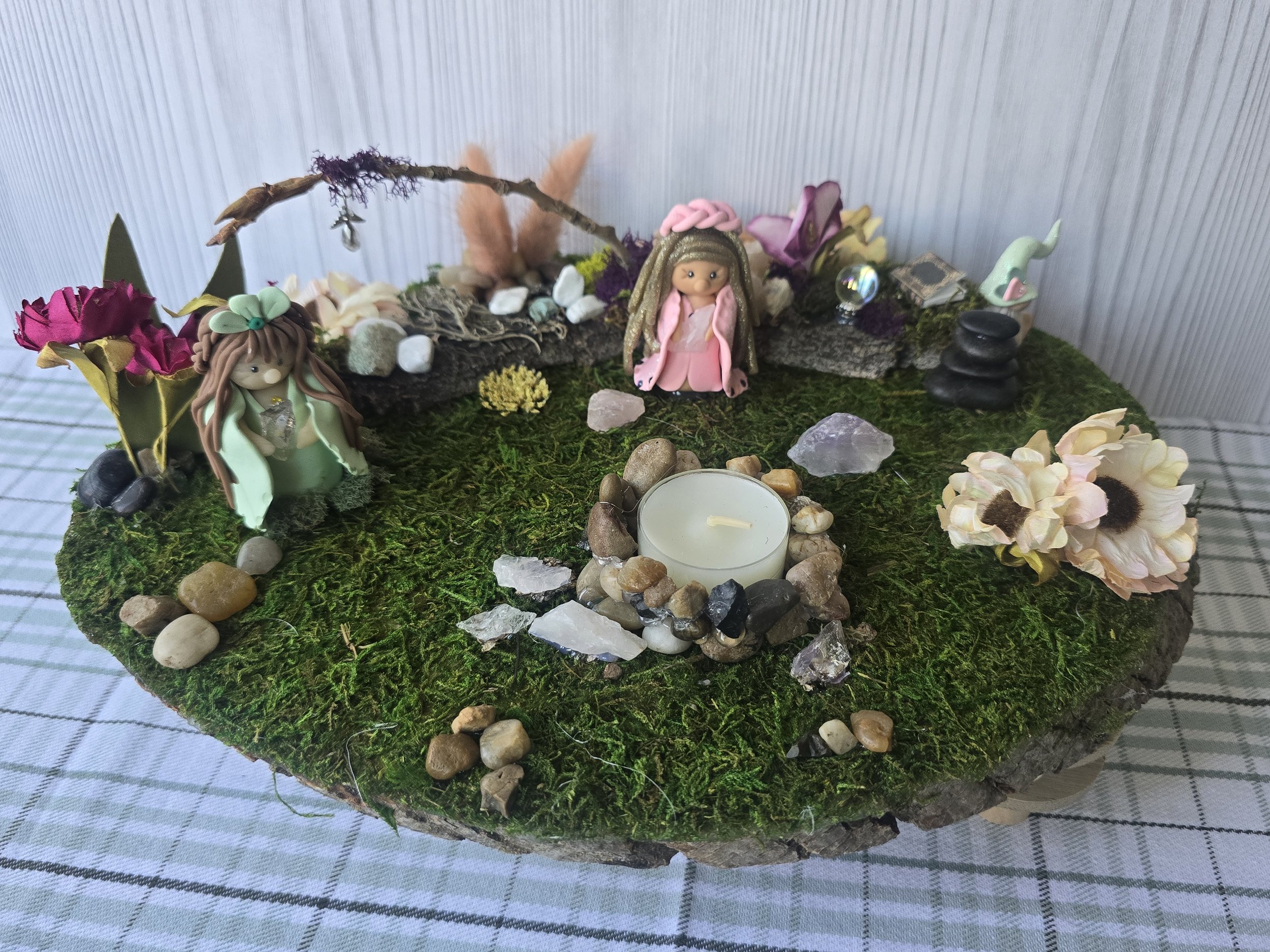 Spring Goddess Clay Scene on 12" Wood Slice – Two Handmade Figures with Gnome, Moss, Crystals & Tealight – Nature Altar or Fairy Garden Decor