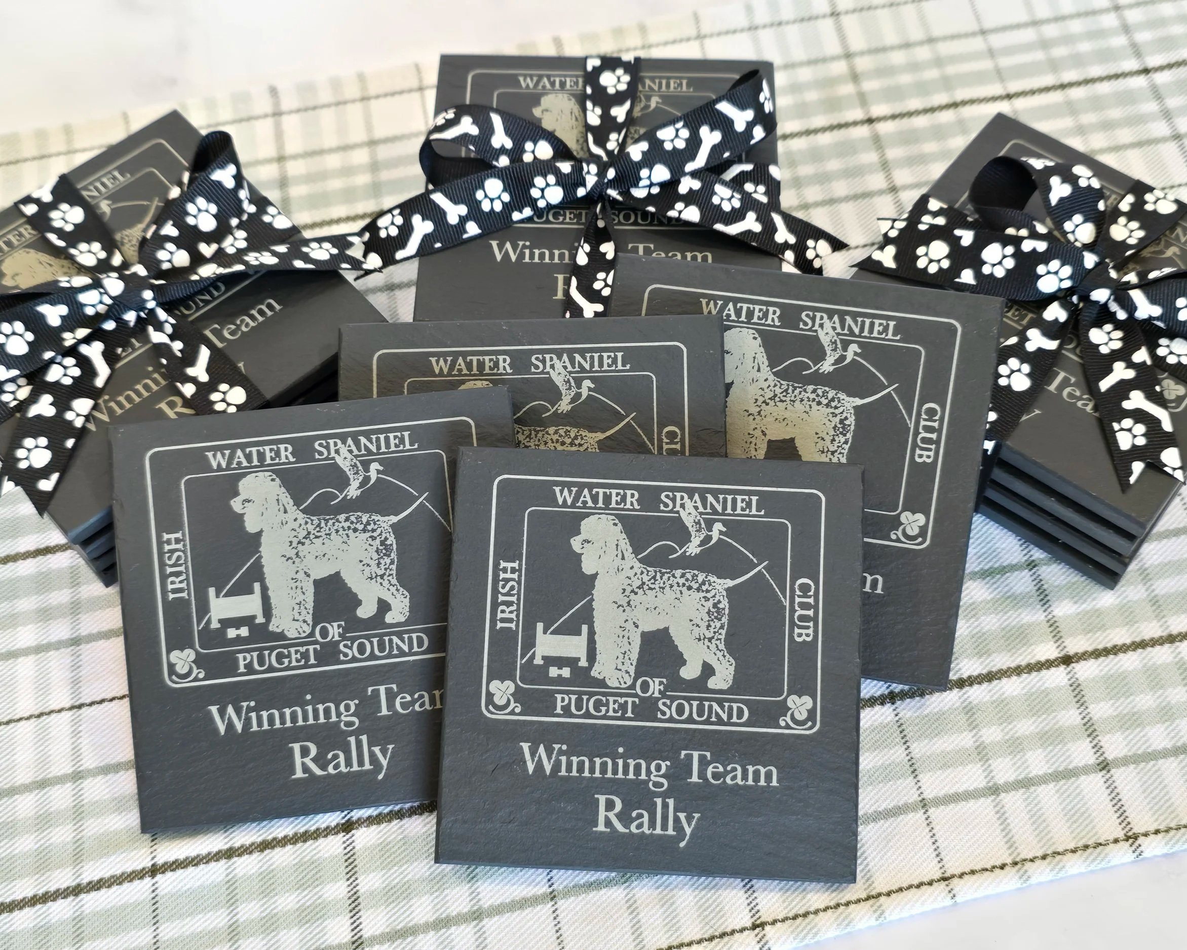 Square slate coasters engraved Irish Water Spaniel Club of Puget Sound, Winning Team Rally
