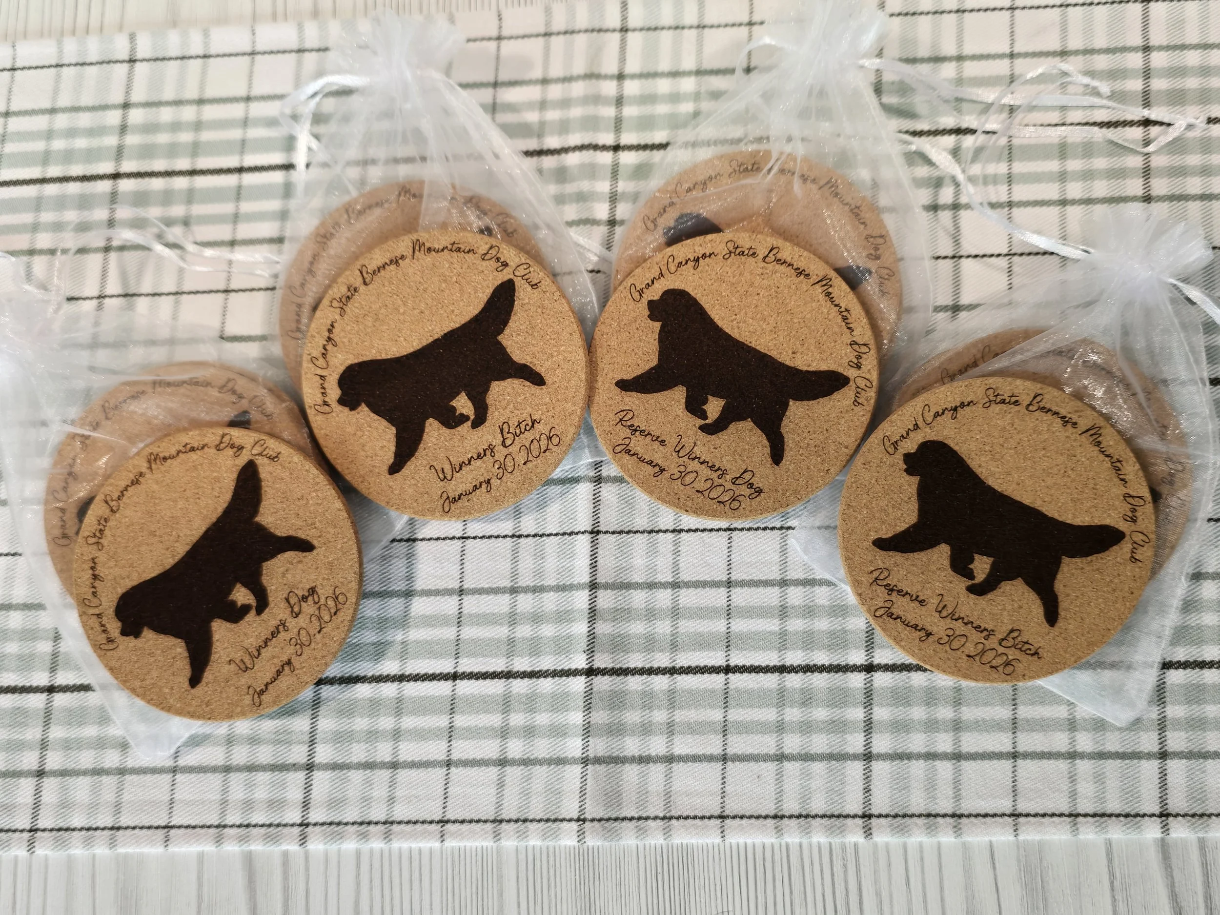 Cork coasters for the Grand Canyon State Bernese Mountain Dog Club engraved with 2026 placements