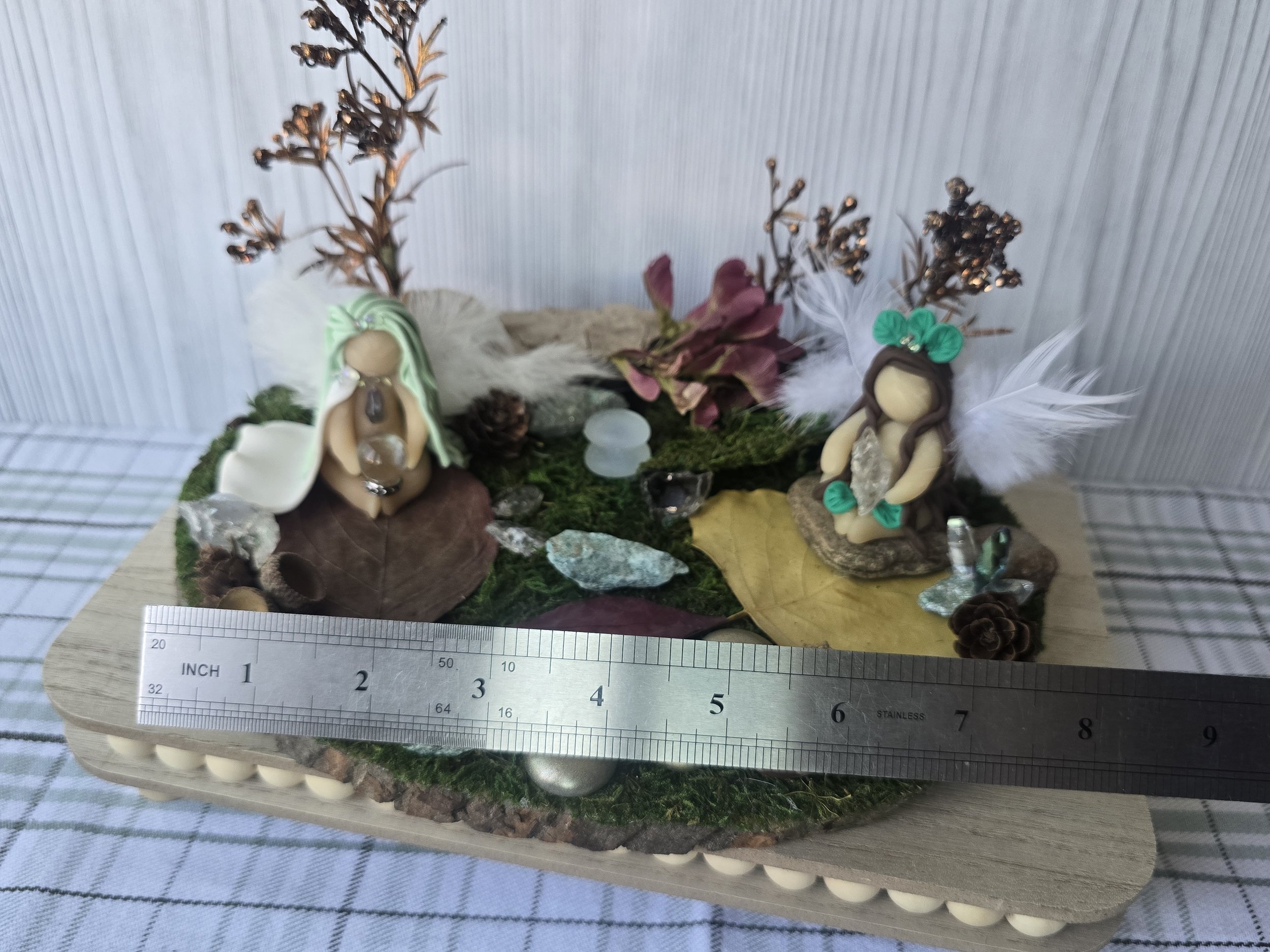 Fall Angel Clay Scene on 8" Wood Slice – Two Handmade Feather-Winged Angels with Acorns, Crystals & Leaves – Autumn Nature Altar Decor