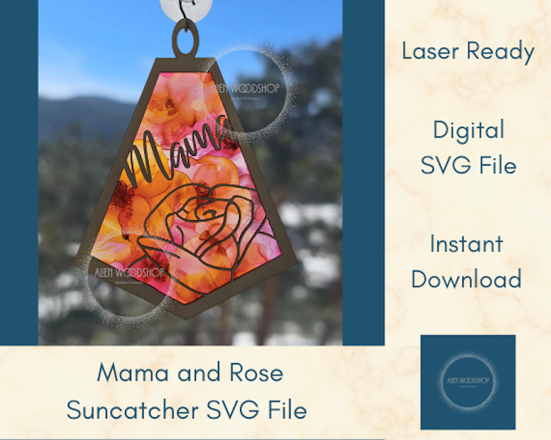Mama with Rose Suncatcher Laser Cut SVG Download, Flower Suncatcher, Hanging Ornament, Car Charm, Wall Art Laser Cut File