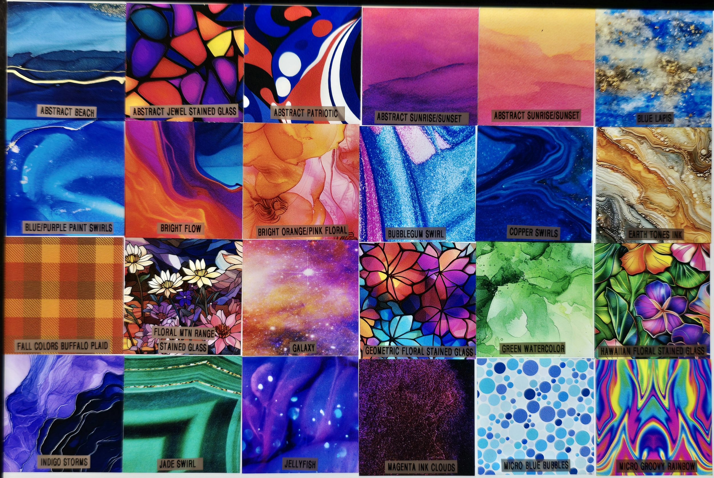 Acrylic pattern chart for nightlights with named options like Abstract Beach, Galaxy and Jade Swirl