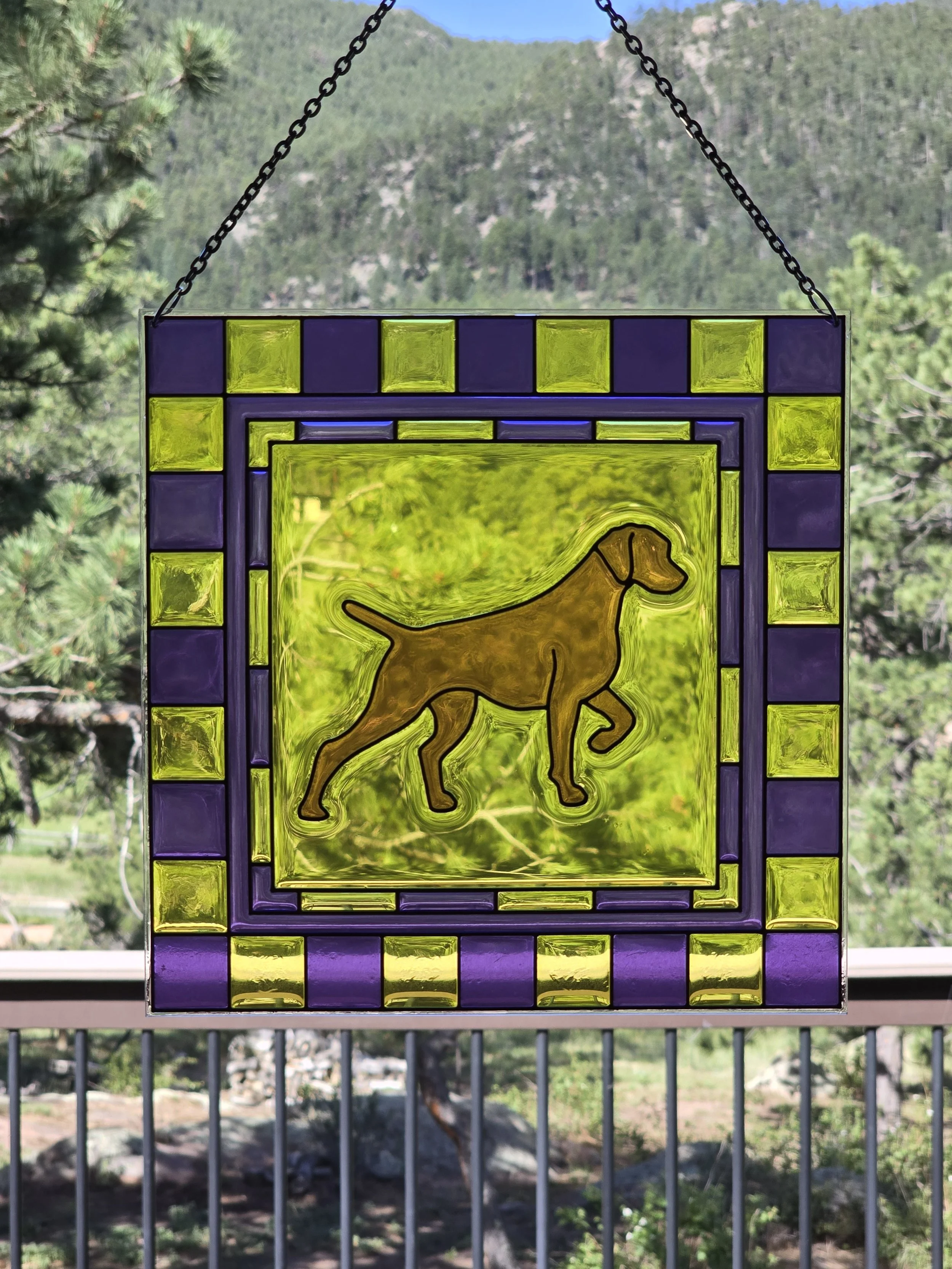 Square resin suncatcher, purple and gold checkered border, Vizsla silhouette