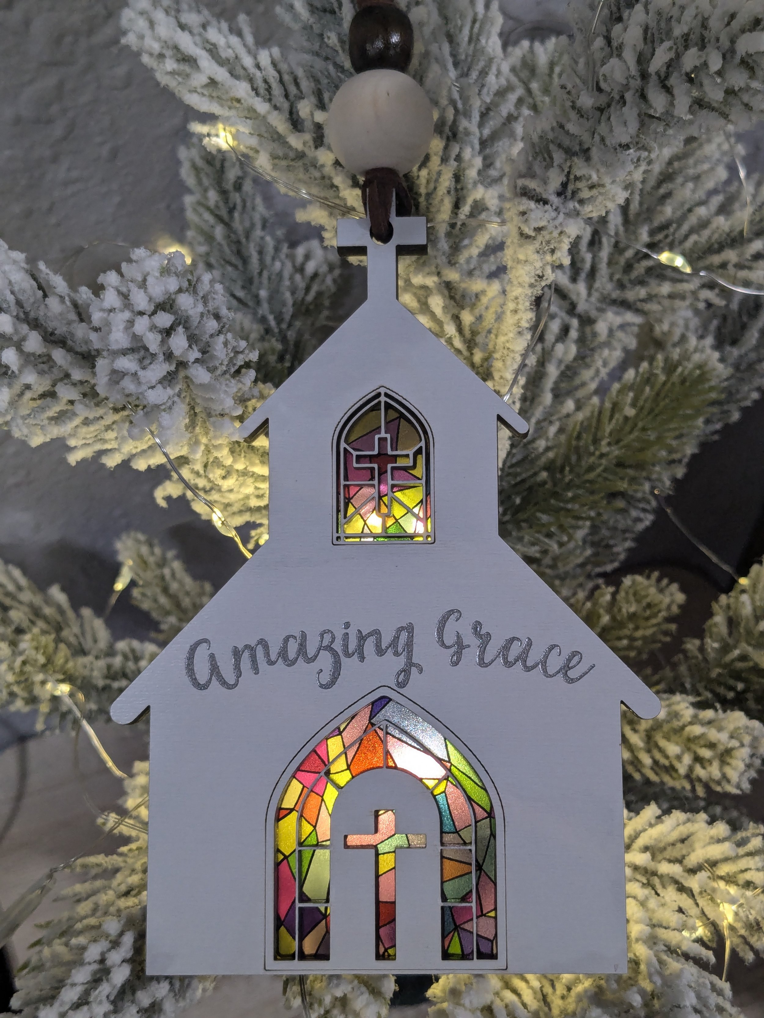 White Church Ornament with "Amazing Grace" Engraving | Stained Glass Windows with Acrylic | Christmas Decor