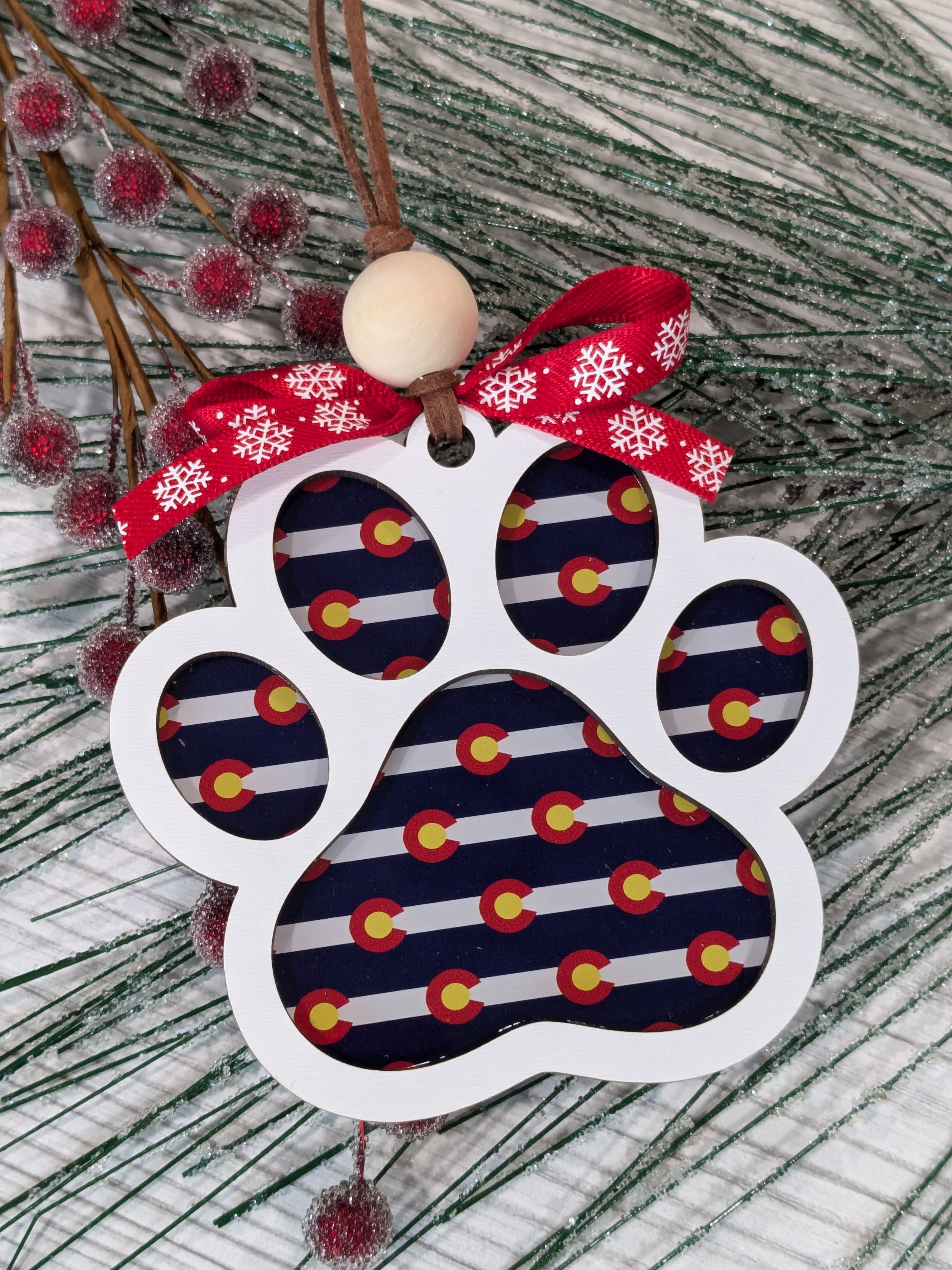 Colorado Flag Paw Print Ornament | Custom Pet Ornament with Acrylic Accent | Handcrafted Christmas Decor