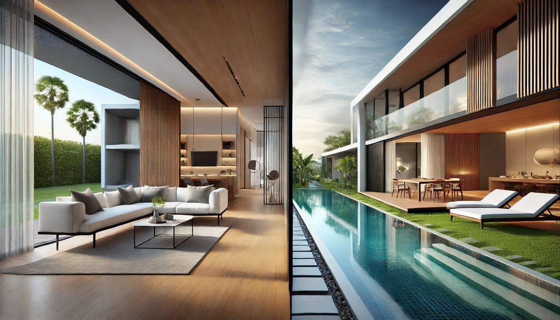 Intérieur et extérieur d’une villa avec piscine à Marrakech — gestion NextKeys en location courte durée.