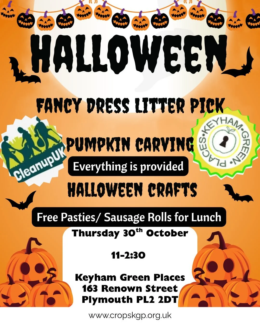 Come celebrate Halloween at Keyham Green Places with Cleanupuk Plymouth
Wear Your Fancy Dress and help clean up our community.
Followed by a lunch of pasties/ sausage rolls
Then Pumpkin carving and Halloween crafts.
All things provided and FREE!!!!!
