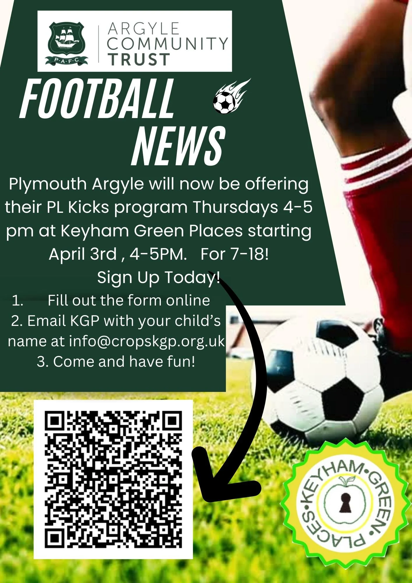 The FREE  Argyle PL Kicks programs coming to Keyham Green Places!  Every Thursday! 
 For 8-18!

Scan the QR code in the advert to sign up!