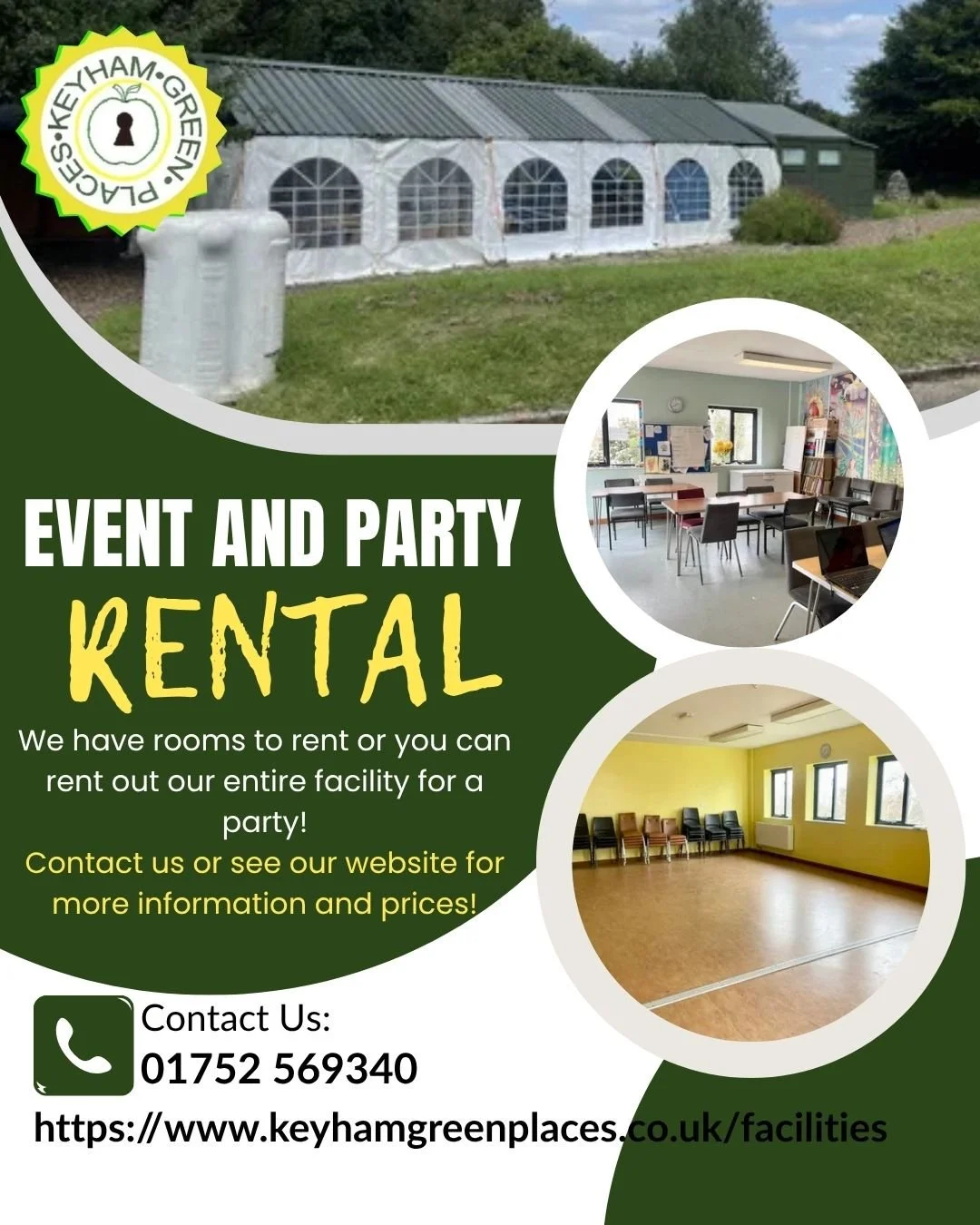 Event and Party Rental at Keyham Green Places! 🎉
We have rooms to rent or you can rent out our entire facility for a party. 

General prices: 
Room 1 Hall: &pound;15 per hour
Room 2 Meeting/Training room: &pound;12.50 per hour 
Party/Weekend Rental: