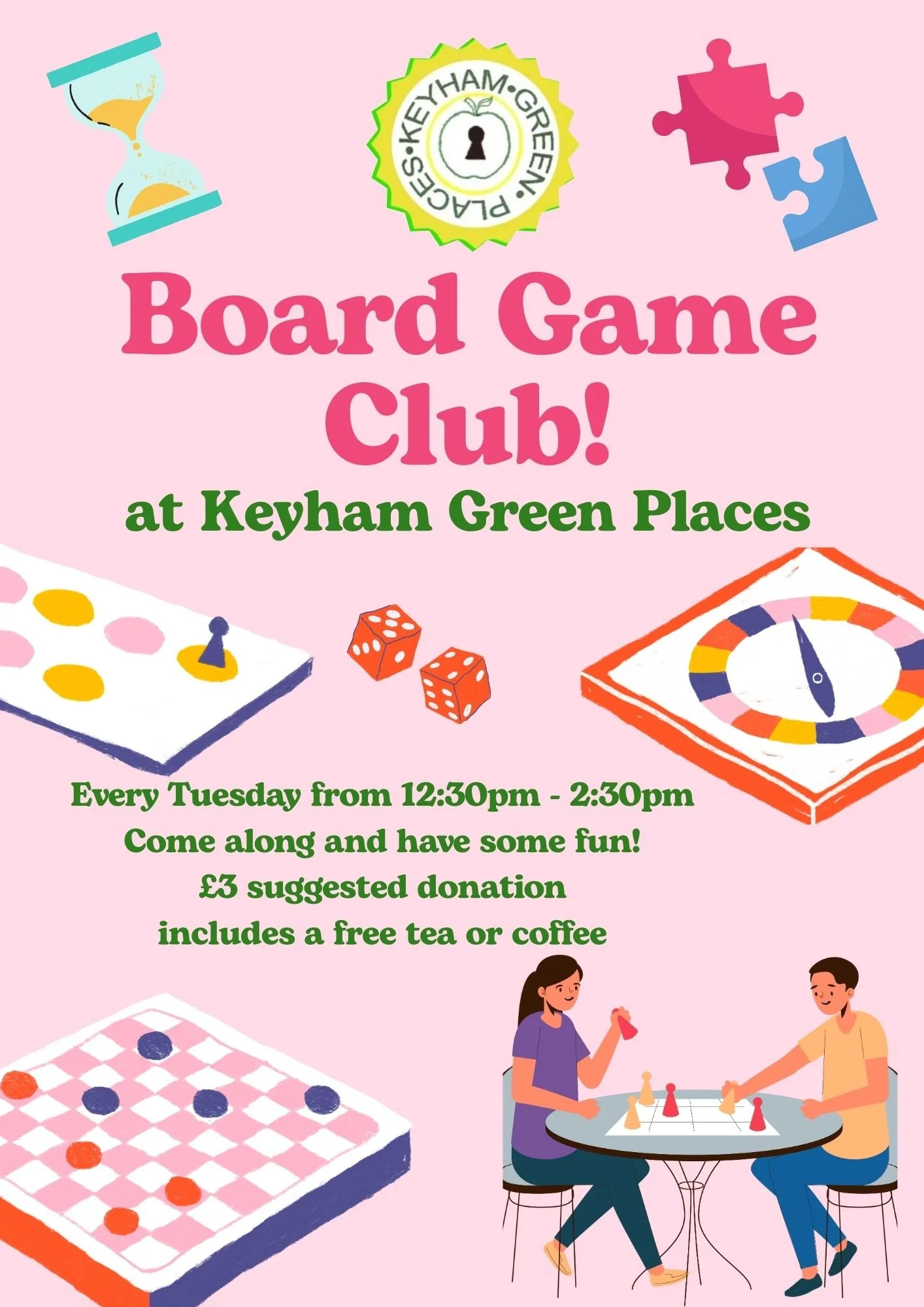Join us for our Board Game Club, every Tuesday from 12:30pm to 2:30pm. Come along and have some fun! 🎲♟😀

&pound;3 suggested donation - a free tea or coffee is provided.