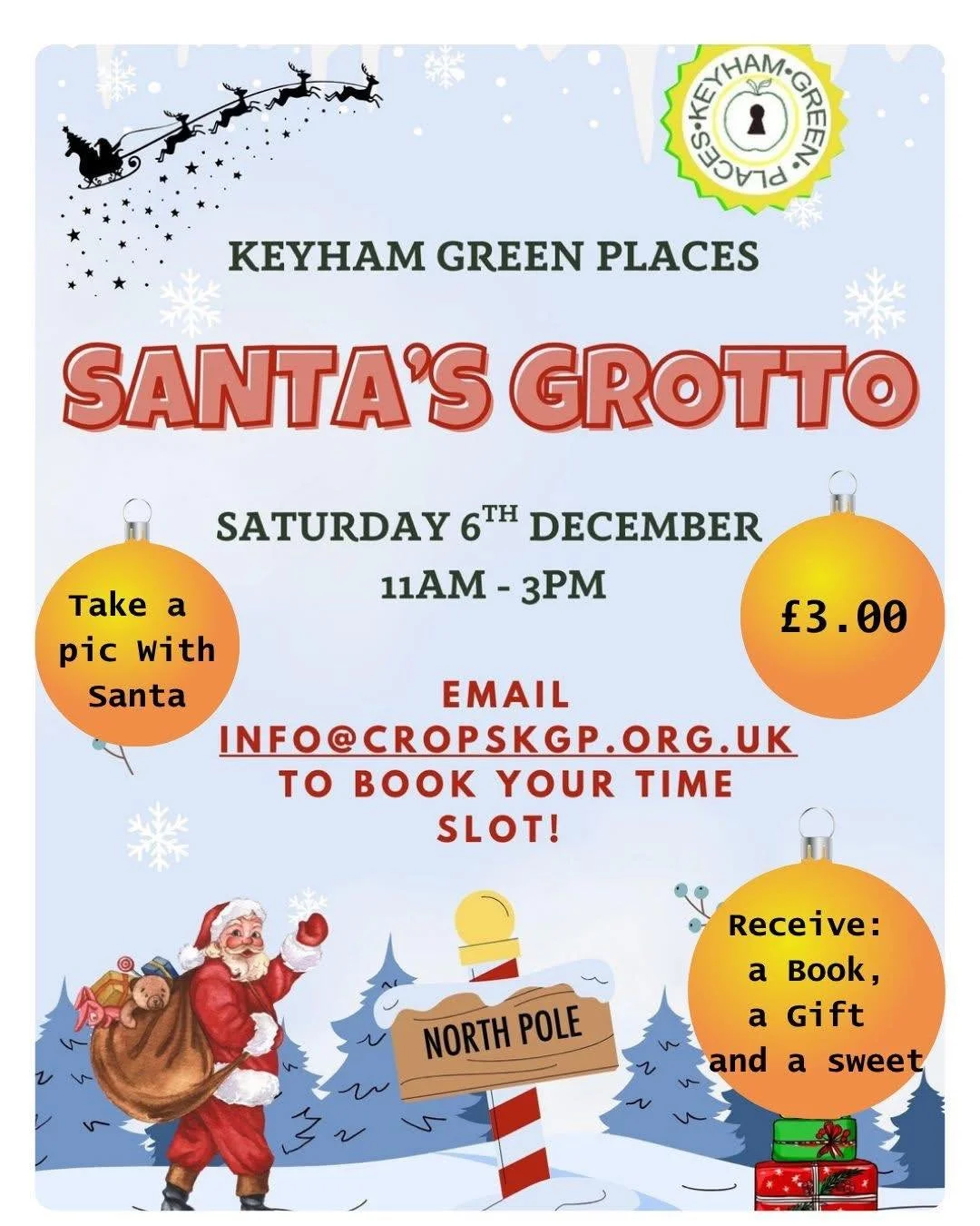Come and meet Father Christmas at Keyham Green Places!
Take your pic with Father Christmas and receive a wrapped book and gift as well as a sweet. Spaces are going quickly!
&pound;3.00 only!
 Email info@cropskgp.org.uk to book a spot.
Saturday 6th De