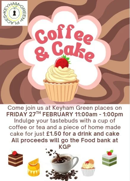 Come and join us!! 
Cake and Coffee morning to support the KGP foodbank!
Cake and coffee = &pound;1.50
Friday 27th February 11am-1pm