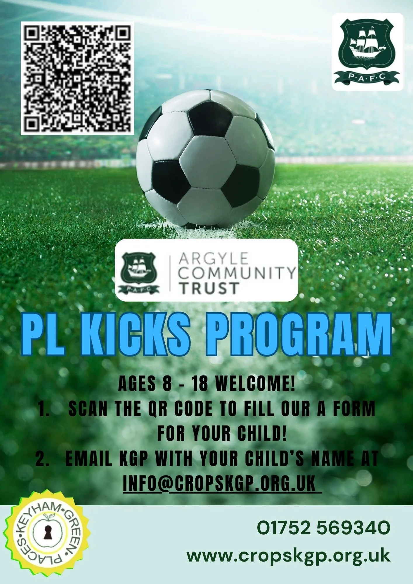Come and have some fun with Plymouth Argyle's PL Kicks Program, every Thursday from 4:00pm - 5:00pm at Keyham Green Places! ⚽FREE!!!!

Ages 7+-18 welcome!
1. Scan the QR code to fill out a form for your child.

Come and have some fun!
