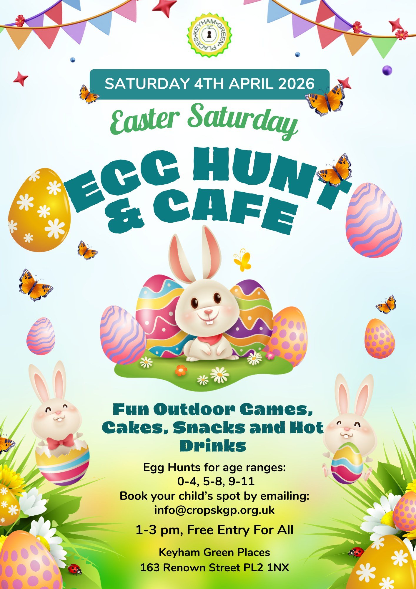Spend Easter Saturday at Keyham Green Places!
Free Egg Hunt for children. 
Free lawn games 
And cake and teas and coffee