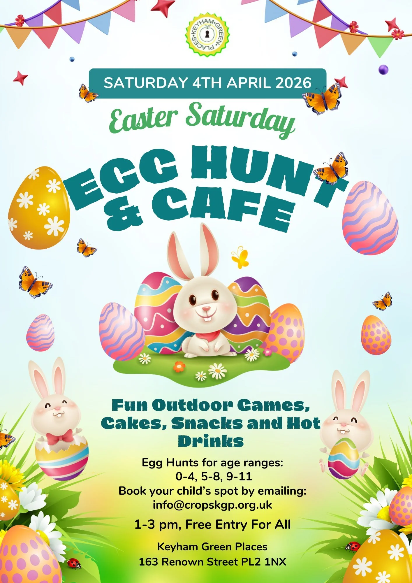 Spend Easter Saturday at Keyham Green Places!
Free Egg Hunt for children. 
Free lawn games 
And cake and teas and coffee