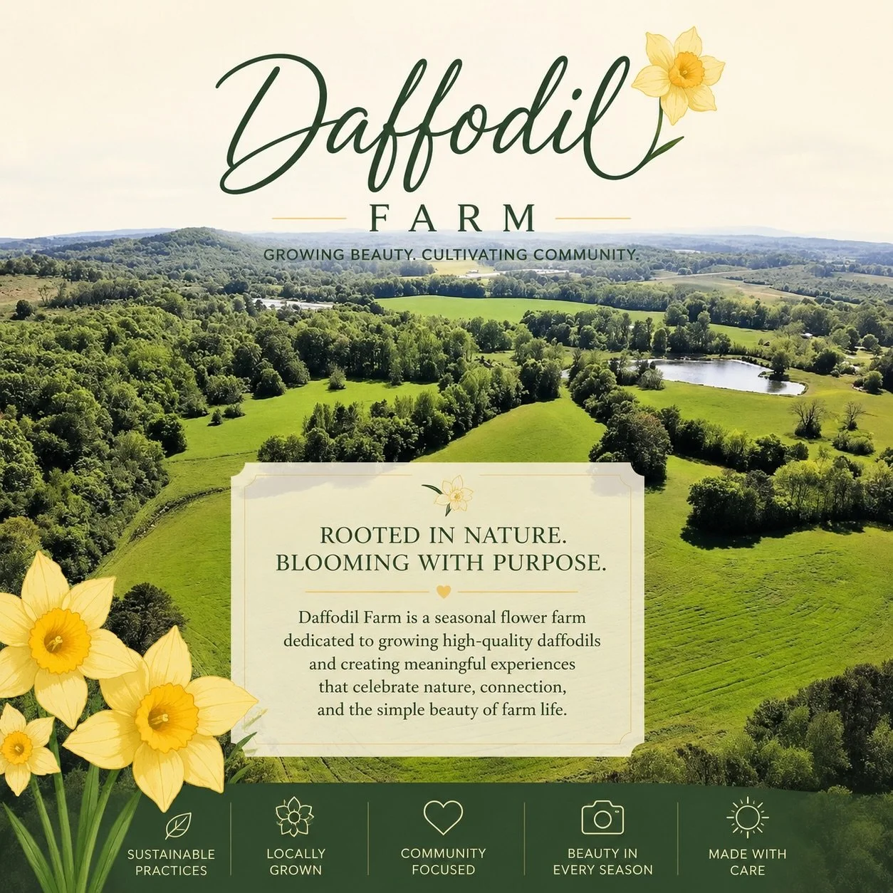 THE DAFFODIL FARM &mdash; an unhinged biography:

We bought 125 acres of chaos and said, &ldquo;You know what this needs? Thousands of people with cameras.&rdquo;
So naturally&hellip; we planted giant flower fields, dragged vintage furniture into ran