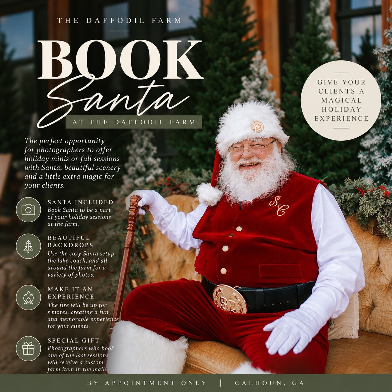 Photographers, this is more than just a Santa setup. 🎅🏼✨

We want your clients to leave The Daffodil Farm feeling like they had an entire Christmas experience.

Book Santa for your holiday minis and give your families so much more variety than one 