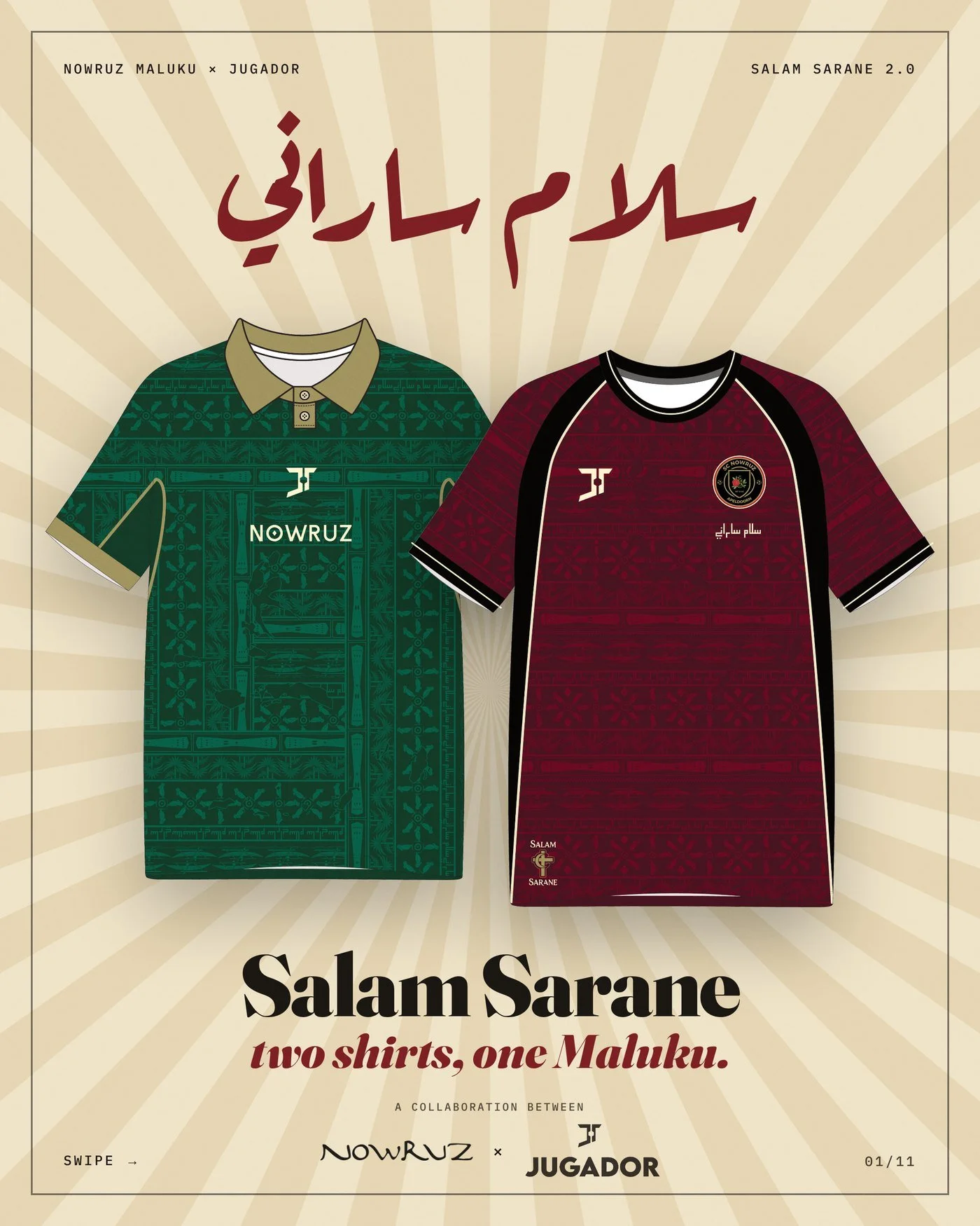 Nowruz x Jugador: Maluku shirts, green and red