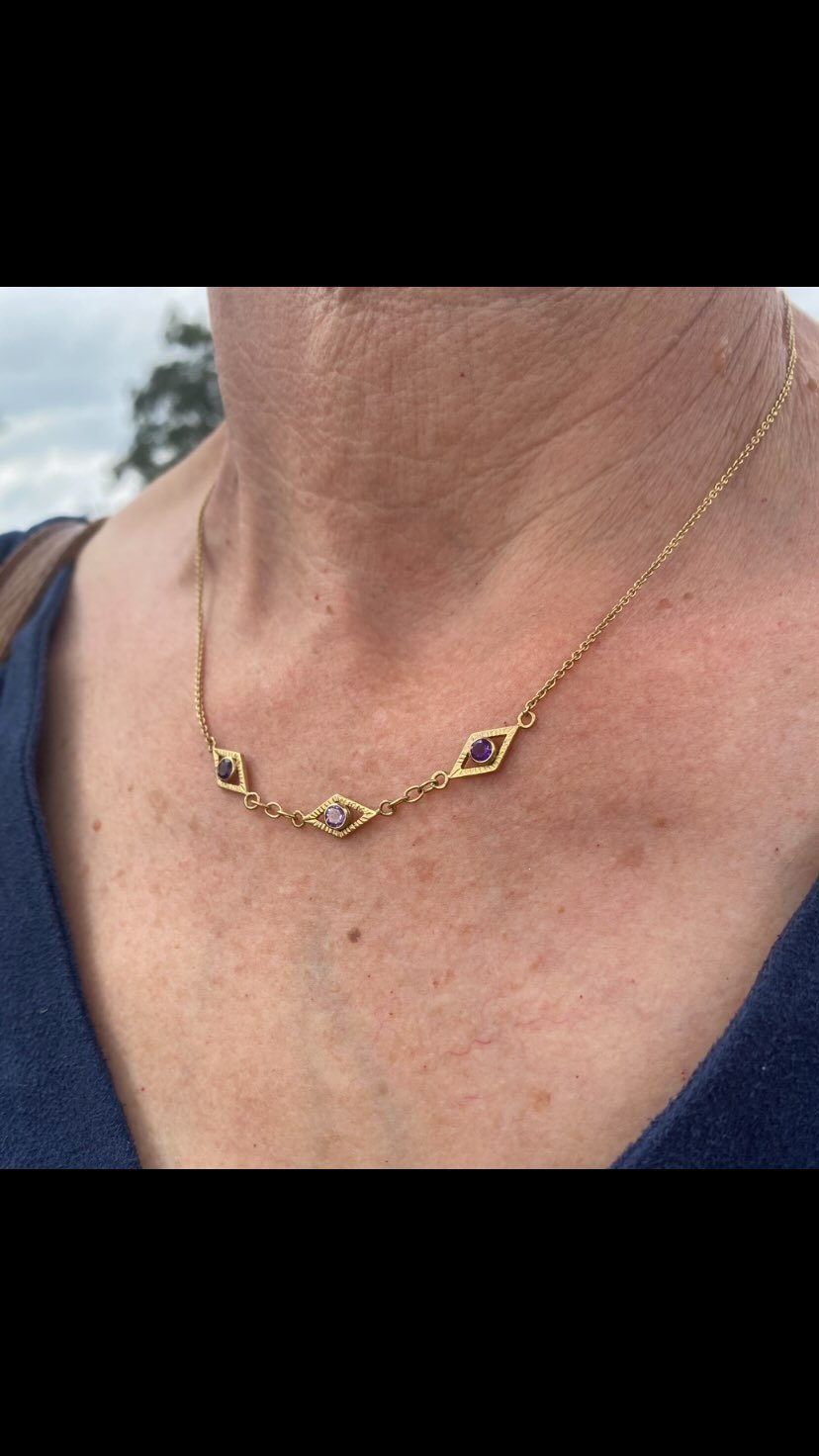 Antique-inspired, refined, intricate, gold and natural gemstones; all the things I love 💜🌝
All made by hand, from metal. My most ambitious project so far.
#antiqueinspired #handmadenecklaces #bridgertonstyle #amethystjewelry #goldnecklace
