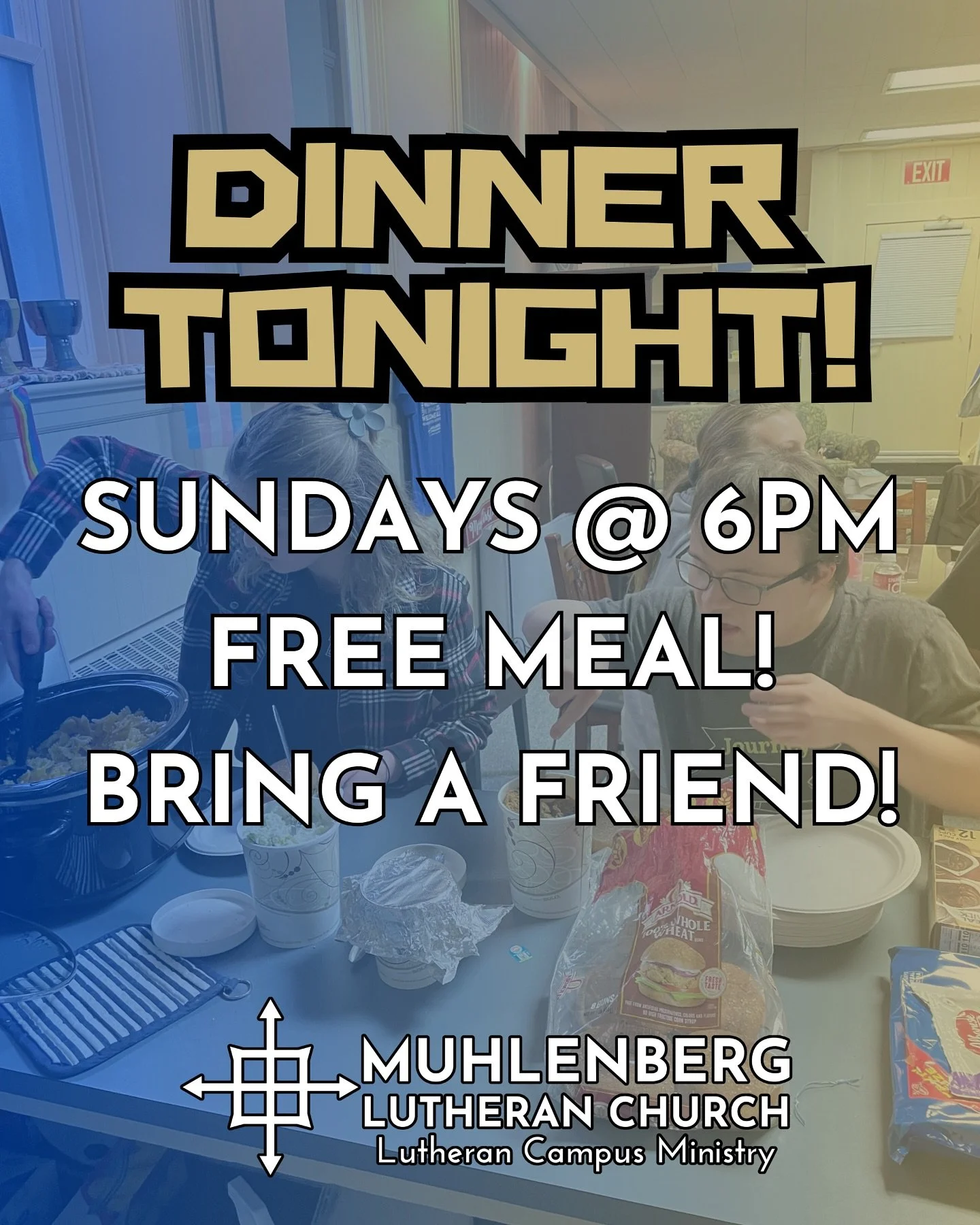 Join us on Sunday nights at 6 pm for food, faith, and fellowship in the Campus Room! We love to eat, and every Sunday during the semesters, dinner is on us! Tonight is a chance to do NOTHING, and with as busy as college life is, that&rsquo;s ok! Join