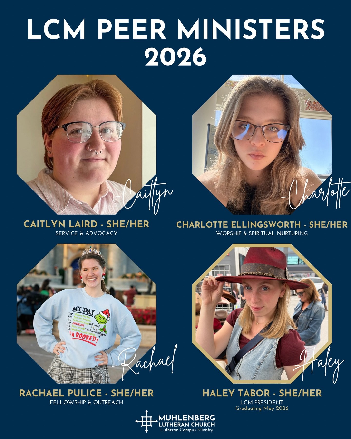 Join us in welcoming and congratulating our 2026 Lutheran Campus Ministry Peer Ministers! 🎉
Caitlyn Laird will serve as Peer Minister for Service &amp; Advocacy, helping our ministry connect with meaningful service opportunities, educating our commu