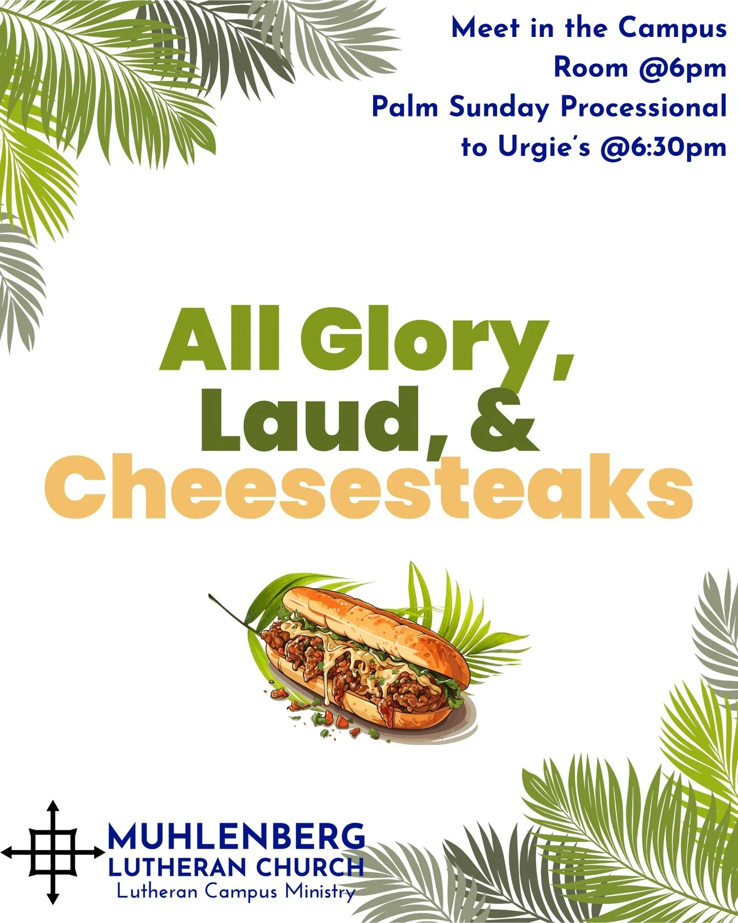It&rsquo;s Palm Sunday, and what is Palm Sunday without a joyful procession? 🌿🧀🥩
Join us for dinner tonight as we process across the parking lot to eat dinner at Urgie&rsquo;s!  Meet in the Campus Room around 6pm, walk over around 6:30pm!  See you