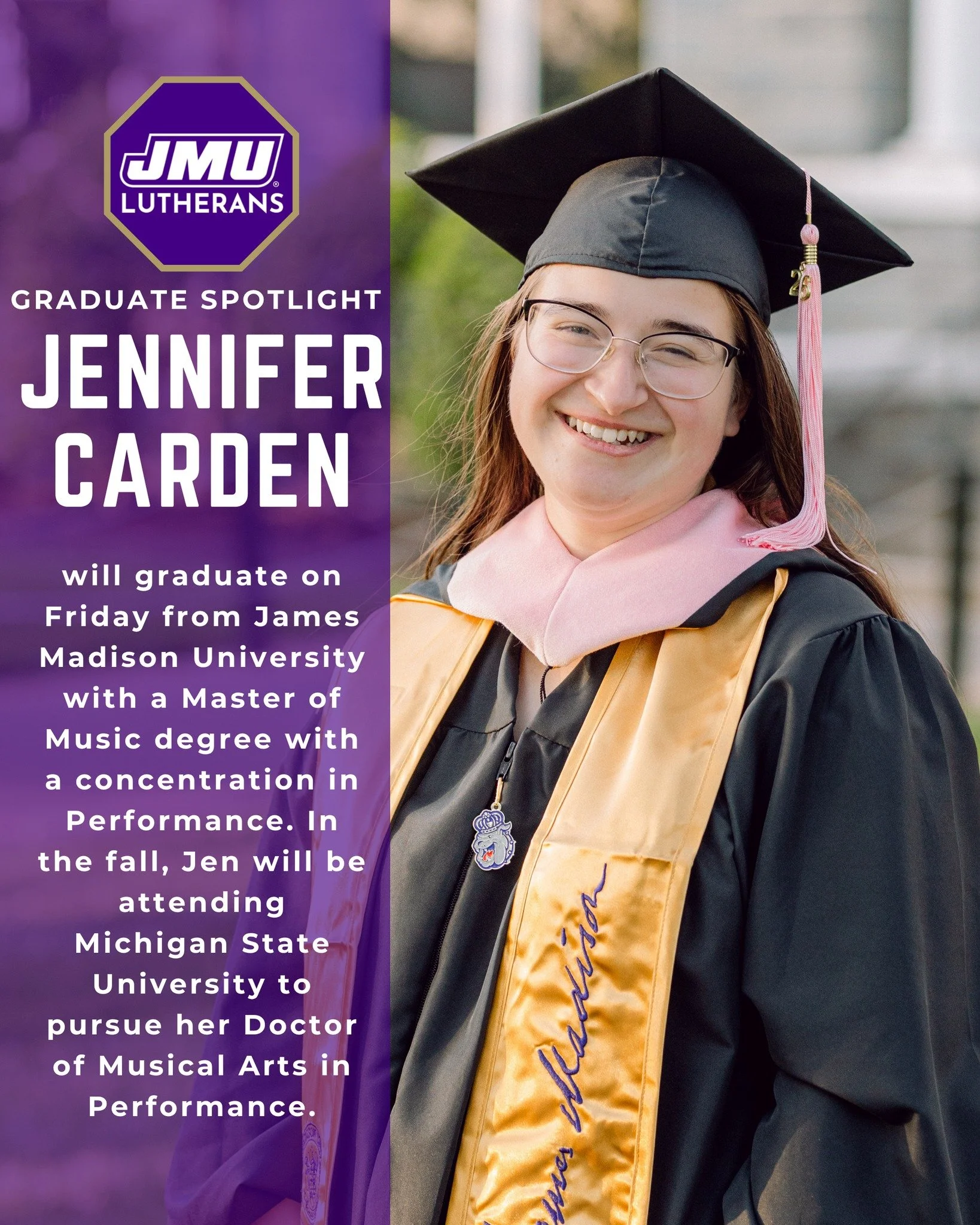 In today's #GraduateSpotlight, we celebrate the Euphonium master herself, Jennifer Carden! 🎶💜

Jennifer Carden will graduate on Friday from James Madison University with a Master of Music degree with a concentration in Performance. In the fall, Jen