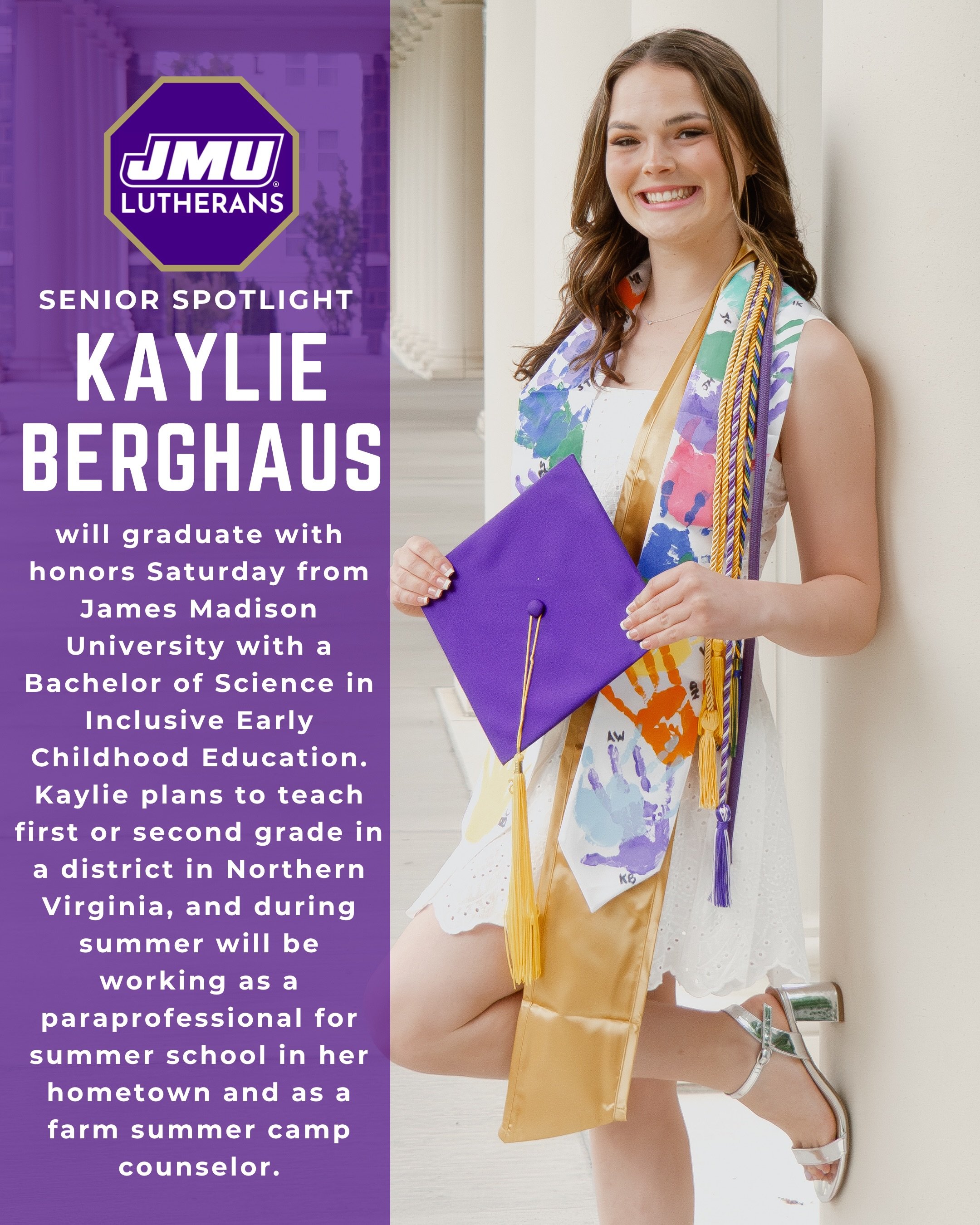 Today&rsquo;s #SeniorSpotlight falls on an energetic educator and all around incredible human, Kaylie Berghaus! ✏️🖍️💜
Kaylie will graduate with honors Saturday from James Madison University with a Bachelor of Science in Inclusive Early Childhood Ed