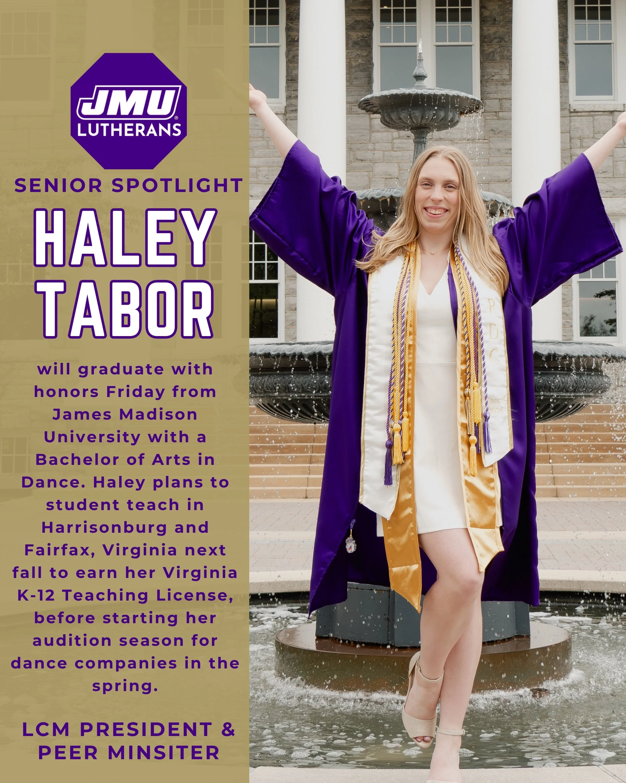 Last, but certainly not least, our #SeniorSpotlight shines on our president, our Peer Minister, the dancing queen herself: Haley Tabor! 💃🏼💜🌟

Haley will graduate with honors Friday from James Madison University with a Bachelor of Arts in Dance. H