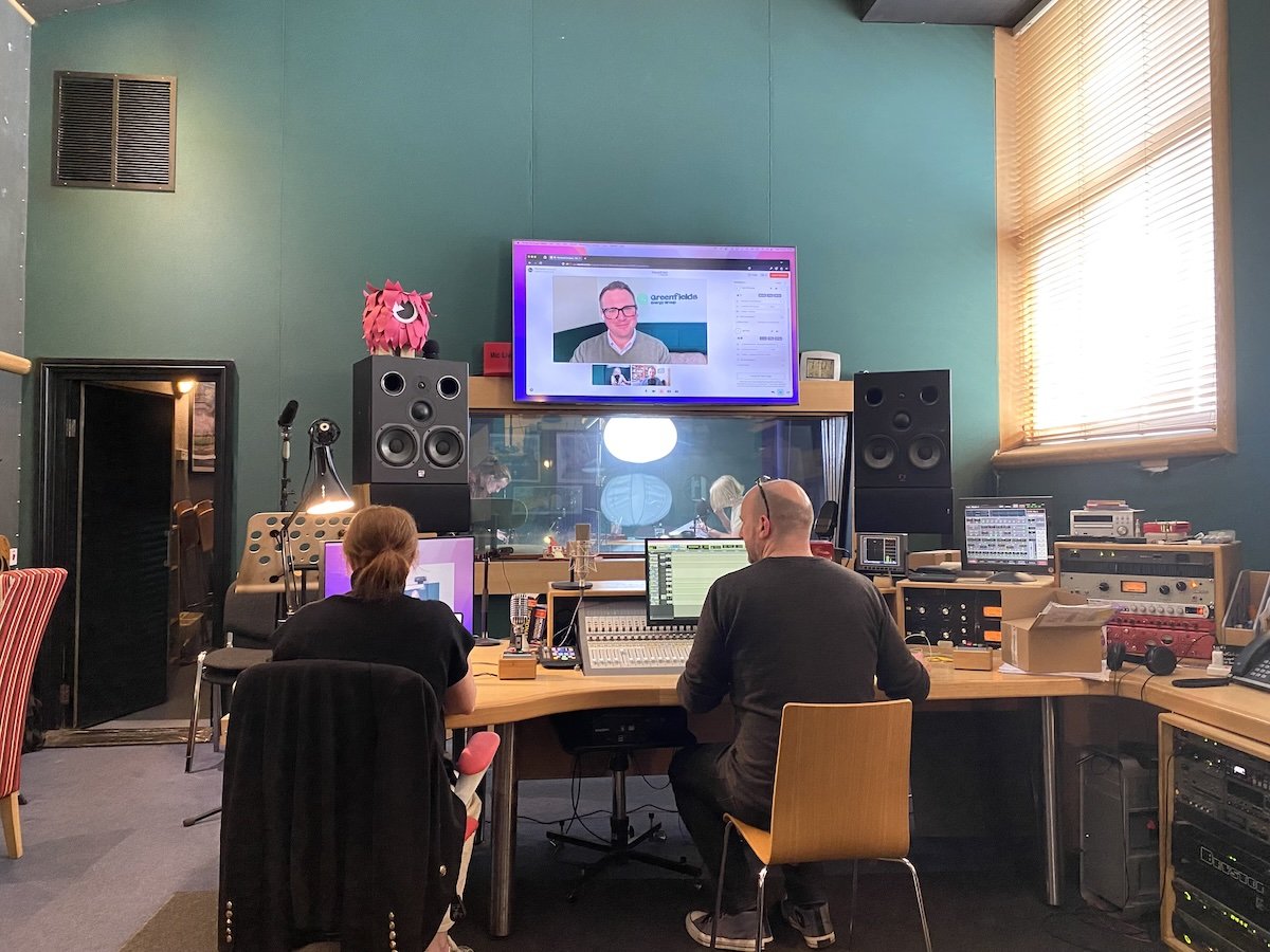 Photo of the podcast studio during Greenfields podcast with the Institute of Chartered Accountants in England and Wales (ICAEW)