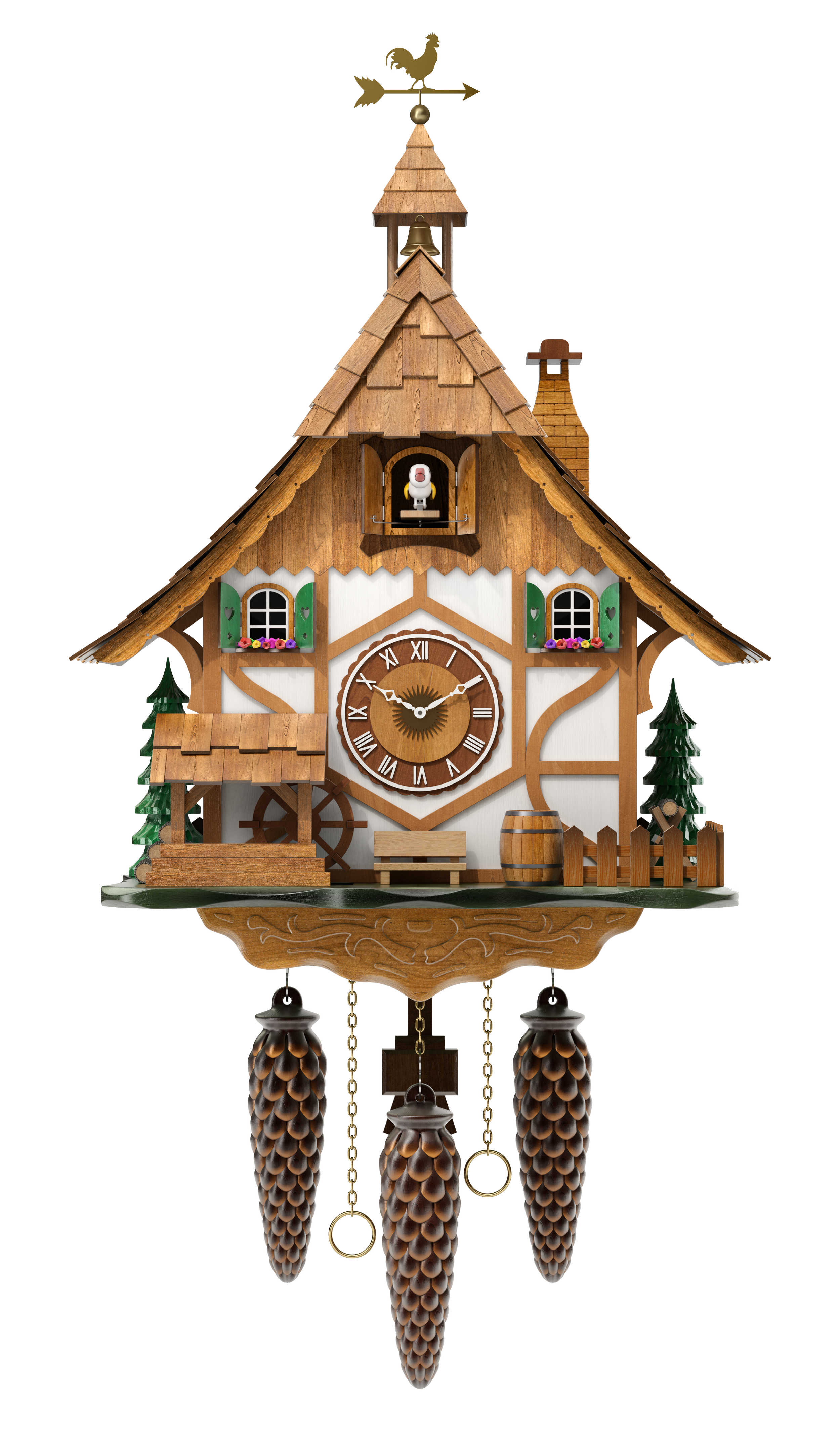 Ein klassischer Kuckucksuhr im Holzdesign mit Zifferblatt, kleinen Fenstern mit Blumen, vielen traditionellen Details und Pendeln.