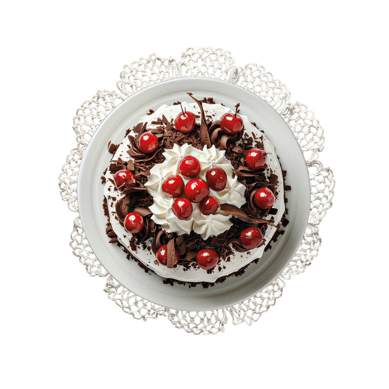 Schokoladenkuchen mit Kirschen, Sahne, Schokoladenraspeln und Dekoration auf einem weißen Teller auf einer bemalten Baumwolltischdecke.